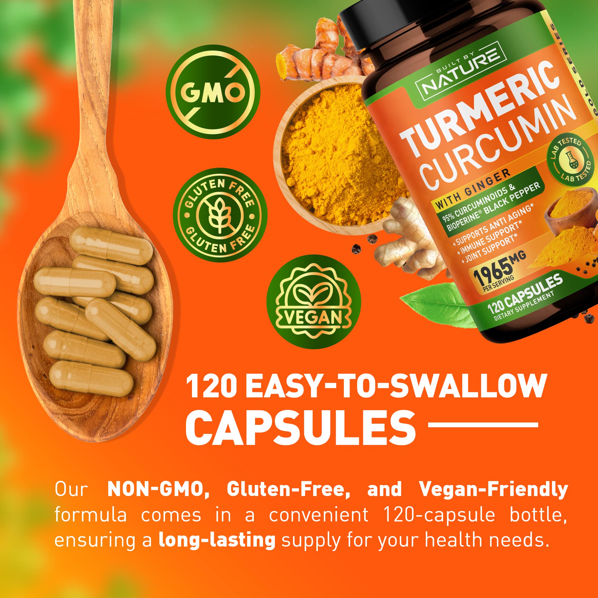 Turmeric Curcumin 1965mg with Ginger & BioPerine Black Pepper Extract - High Absorption 95% Curcuminoids for Joint & Antioxidant Support - Non-GMO, Gluten-Free, Vegan - 120 Herbal Supplement Capsules