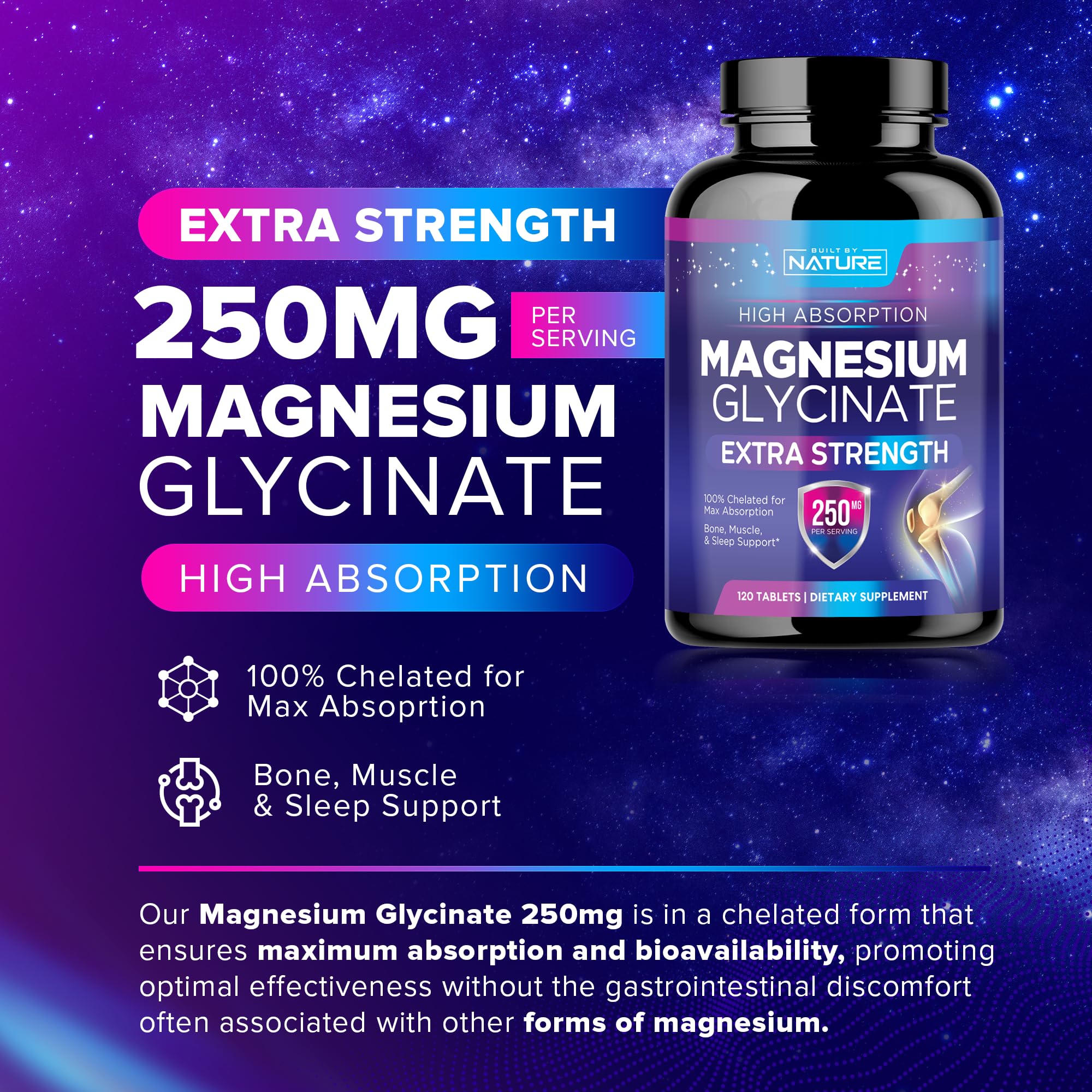 Magnesium Glycinate 250mg - High Absorption Chelated Magnesium Supplement - 100% Pure Magnesium Glycinate - Stress, Sleep, Heart, and Muscle Health Support - Non-GMO, Vegan, Gluten-Free