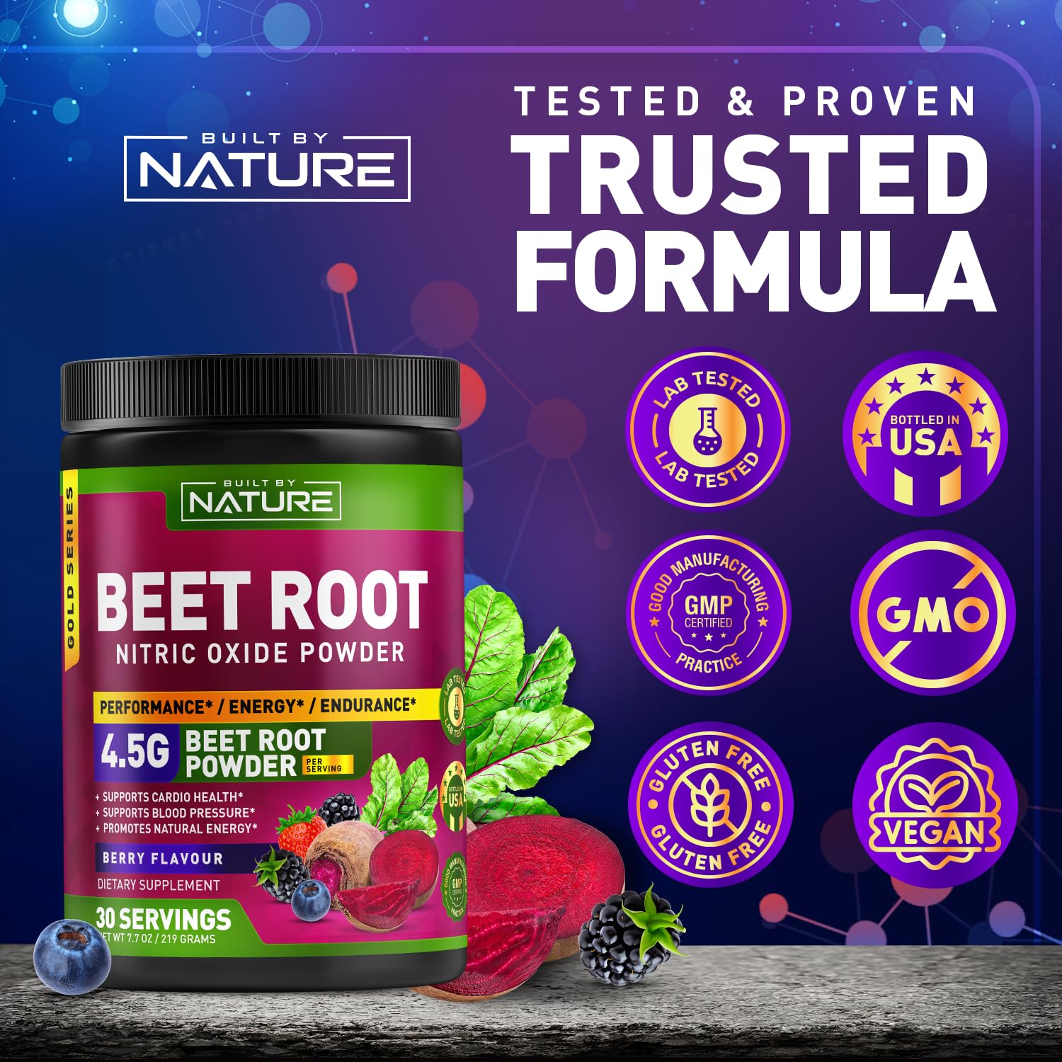 Beet Root Nitric Oxide Powder Supplement - Organic Beetroot Super Food Performance Booster for Circulation, Energy, Stamina, Blood Flow and Heart Health - Vegan, Non-GMO - Berry Flavor - 30 Servings