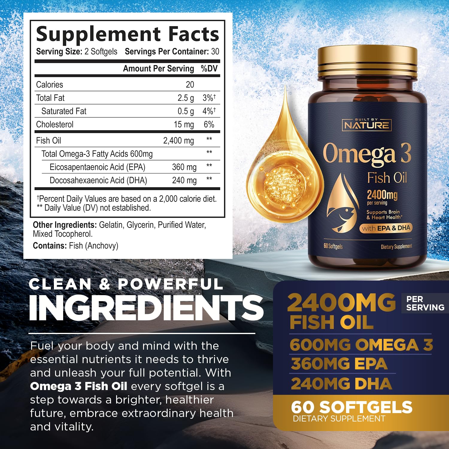 Omega 3 Fish Oil Supplement – 2400mg Fish Oil with EPA & DHA Omega-3 Fatty Acids from Sustainably Sourced Wild Caught Peruvian Anchovy - Heart & Brain Health Support - Non-GMO