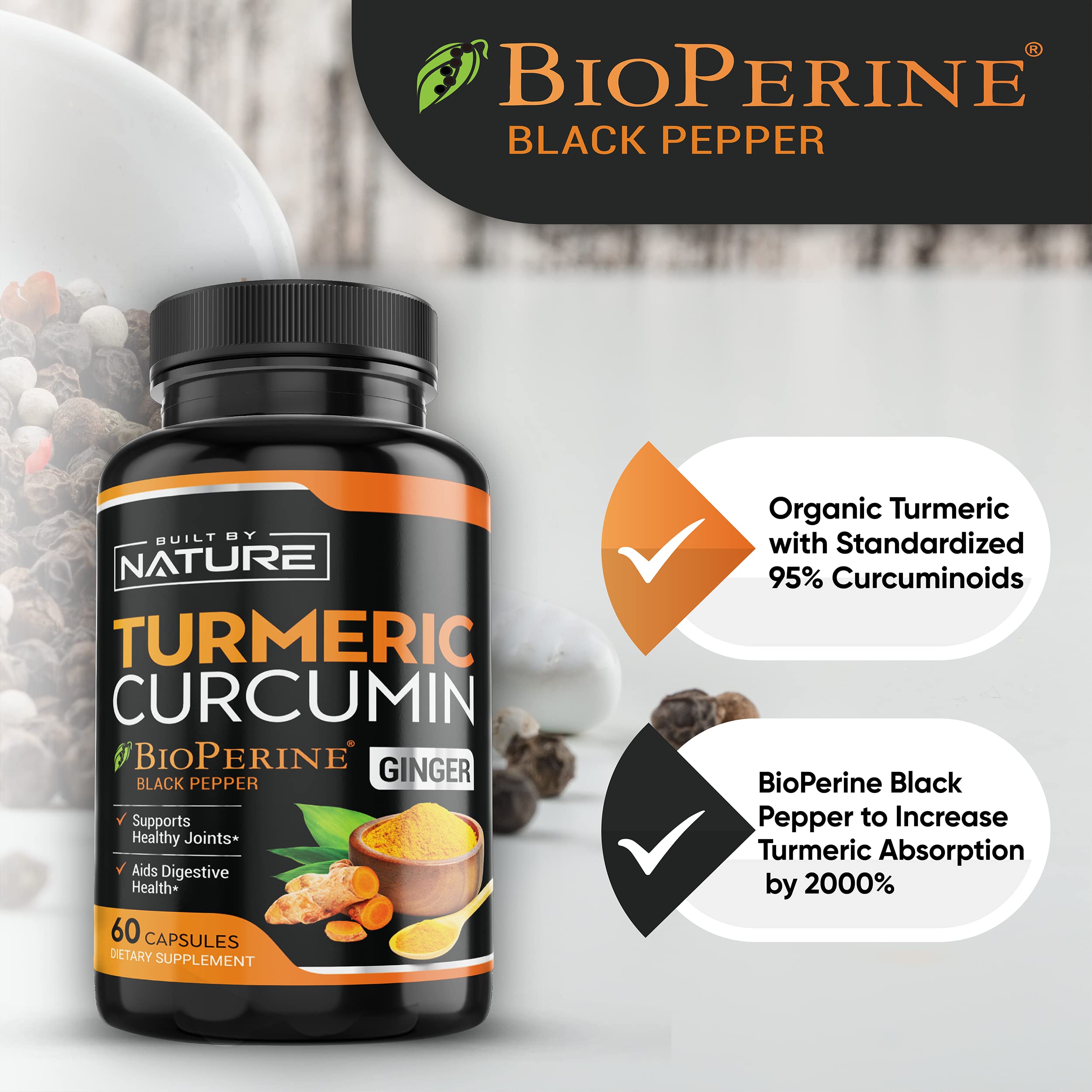 Turmeric Supplement – Tumeric Curcumin with Black Pepper and Ginger – Curcuma BioPerine - 95% Curcuminoids Max Absorption, Natural Joint & Antioxidant, Non-GMO, Vegan Gluten Free – 60 Capsules