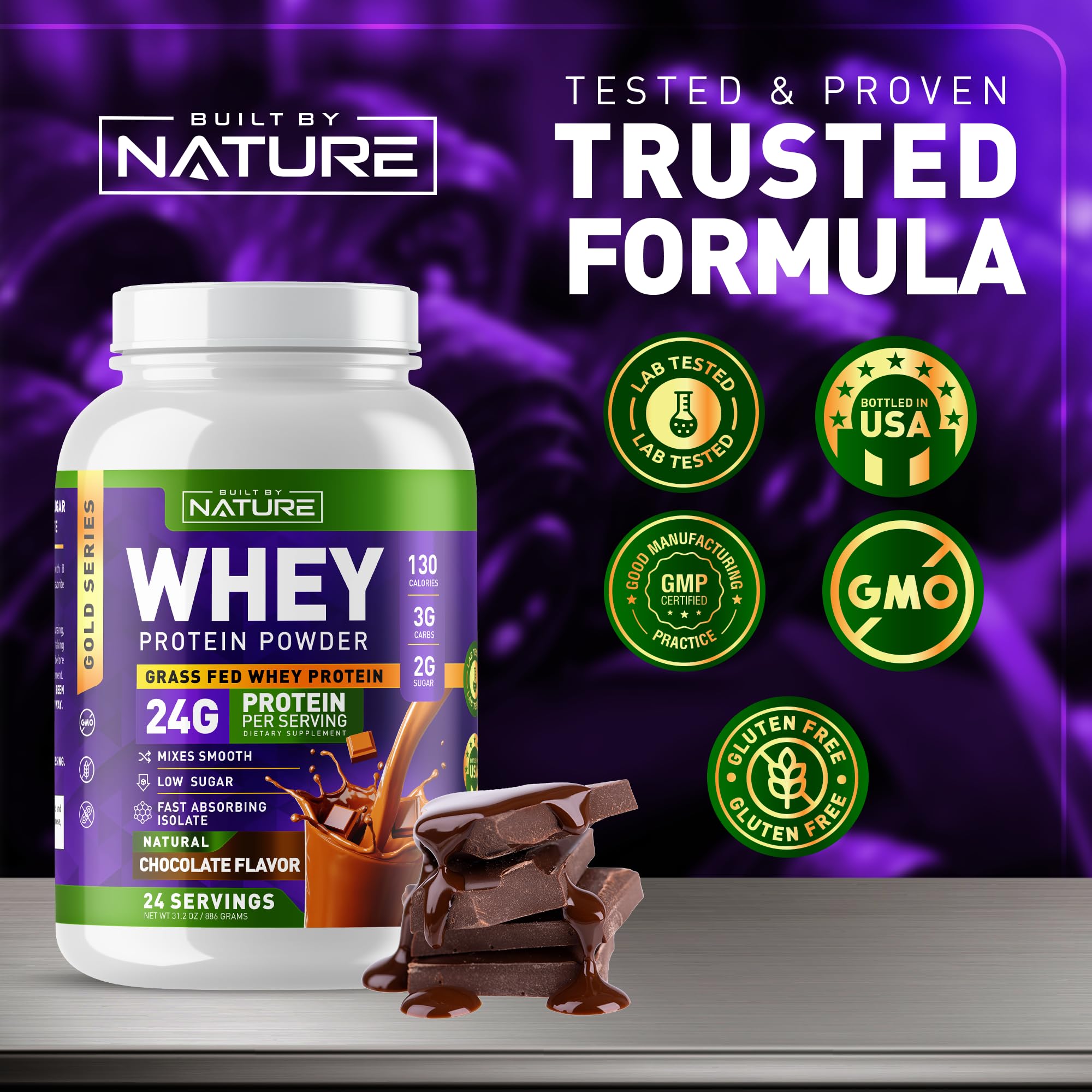 Built by Nature Whey Protein Powder - 100% Pure Whey Shake with Whey Isolate, Protein, No Bloating, Mixes Smooth, No Clumps or Chunks - High Protein, Low Sugar Drink