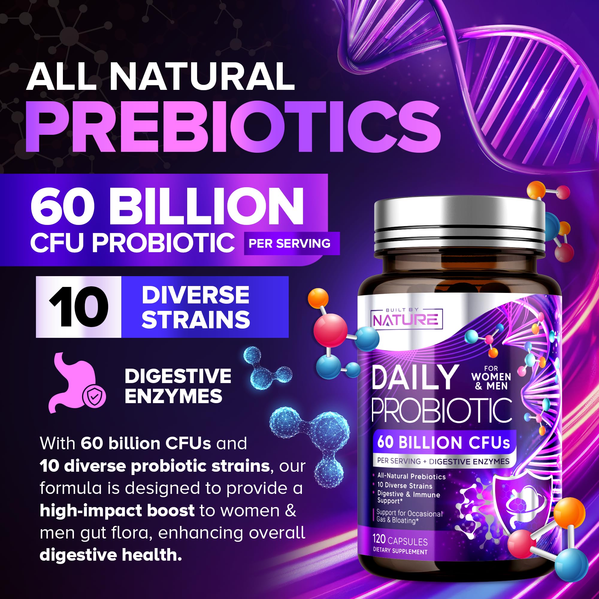 Built by Nature Probiotic for Women & Men – 60 Billion CFU, 10 Strains + Prebiotics & Digestive Enzymes – Supports Digestive, Immune, Reduce Gas & Bloating – Shelf Stable, Non-GMO