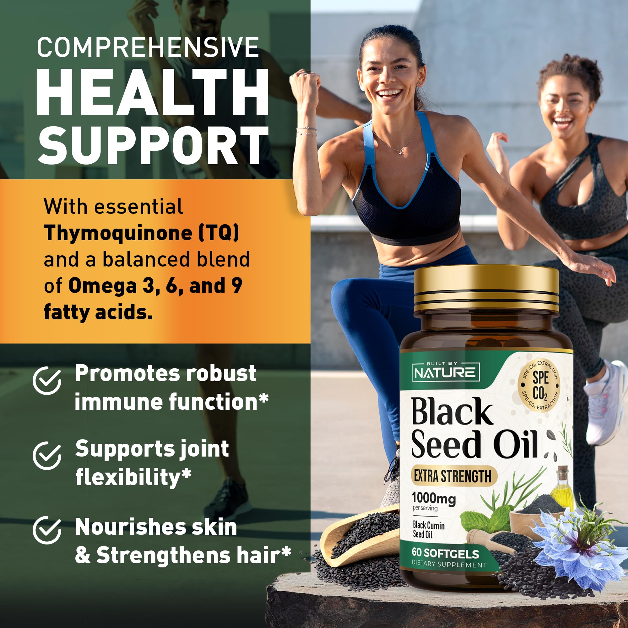 Built by Nature Black Seed Oil 1000mg - 100% Pure CO2 Extracted Nigella Sativa - High Thymoquinone, Omega 3 6 9, Antioxidant - Immune, Joints, Skin & Hair Health Support- Non-GMO – 60 Softgels