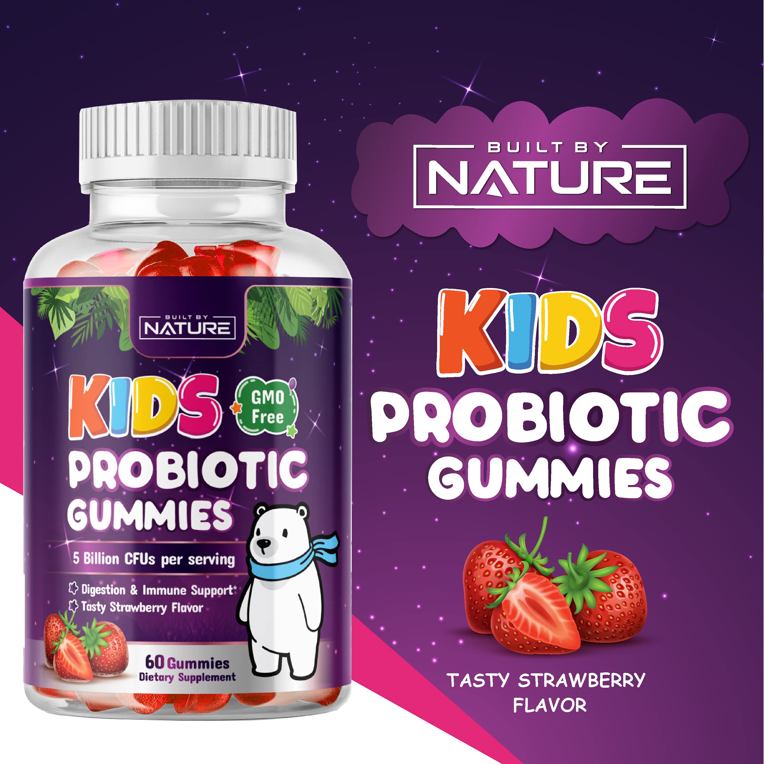 Built by Nature Kids Probiotic Gummies - 6 Diverse Probiotic Strains - Digestive & Immune Support - Chewable Kid Probiotic Gummy Supplement - No Refrigeration Required - 60 Gummies