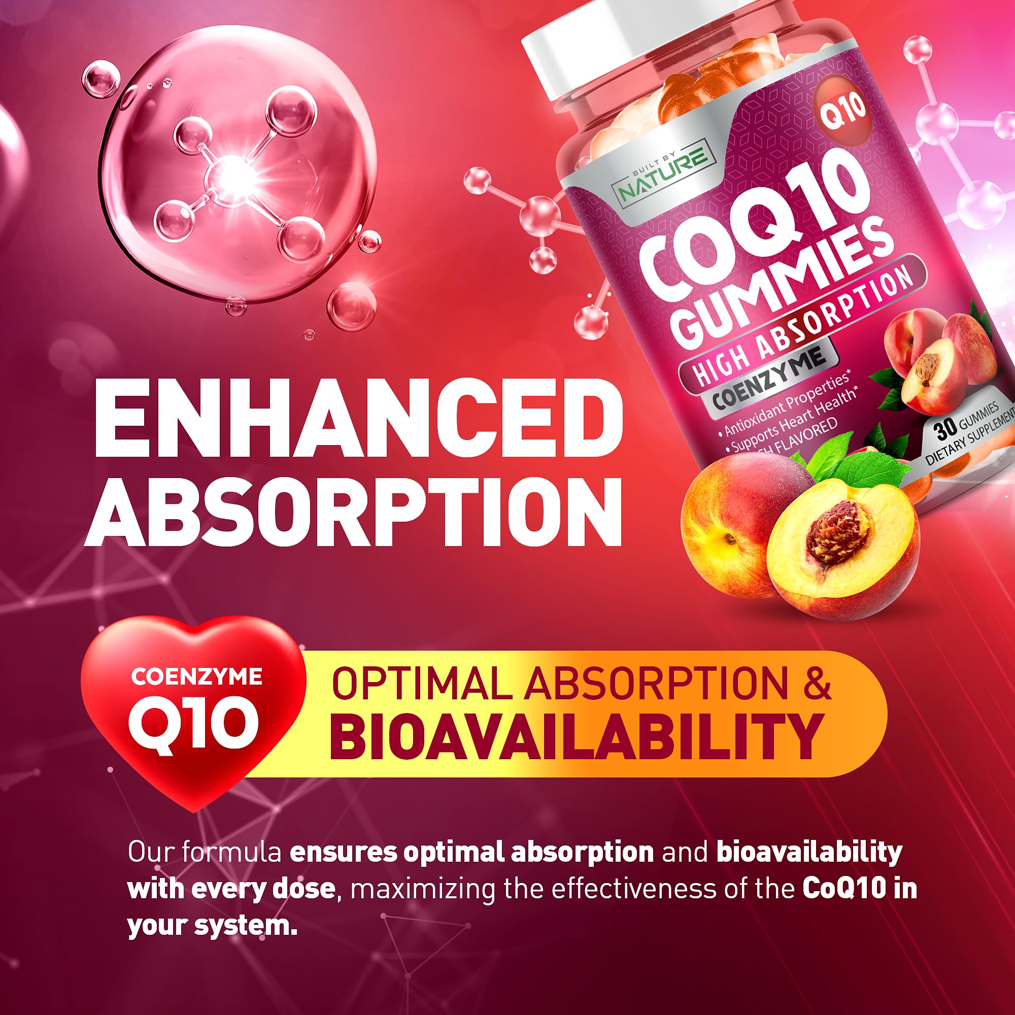 Built by Nature CoQ10 Gummies 100 mg – High Absorption Coenzyme Q10 Gummy – Vegan, Non-GMO – Heart Health & Cellular Energy Support – Tasty Peach Flavor - 30 Gummies