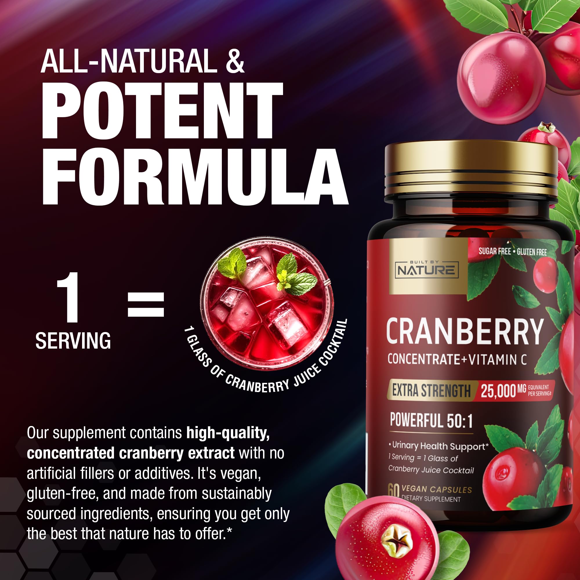 Built by Nature Cranberry Pills 25,000mg - Extra Strength 50:1 Concentrate Extract with Vitamin C - Urinary Tract Health Supplement for Women - Non-GMO, Sugar Free, Vegan - 60 Capsules