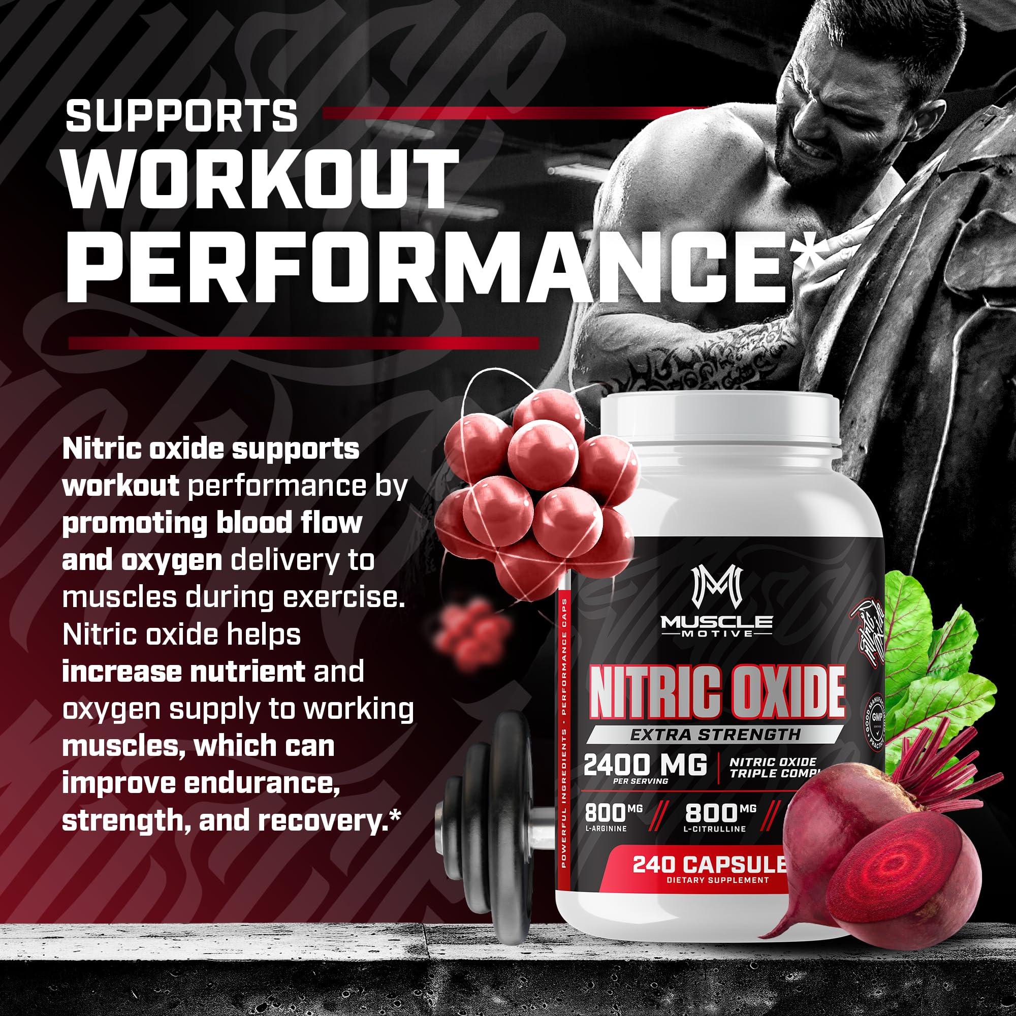 Muscle Motive Nitric Oxide Supplement 2400mg with L-Arginine, L-Citrulline and Beet Root Extract, 240 Capsules