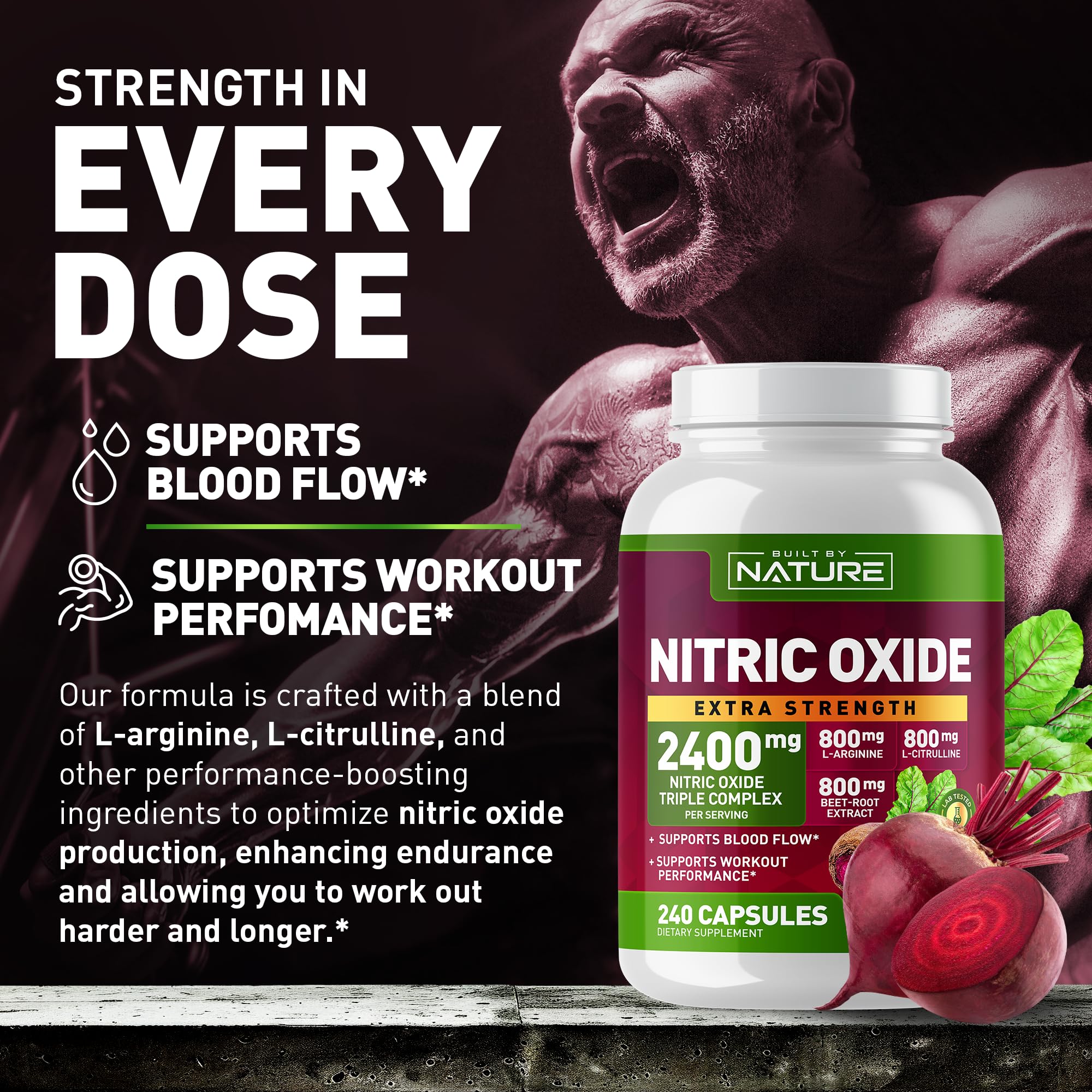 Built by Nature Nitric Oxide Supplement 2400mg with L-Arginine, L-Citrulline and Beet Root Extract, 240 Capsules