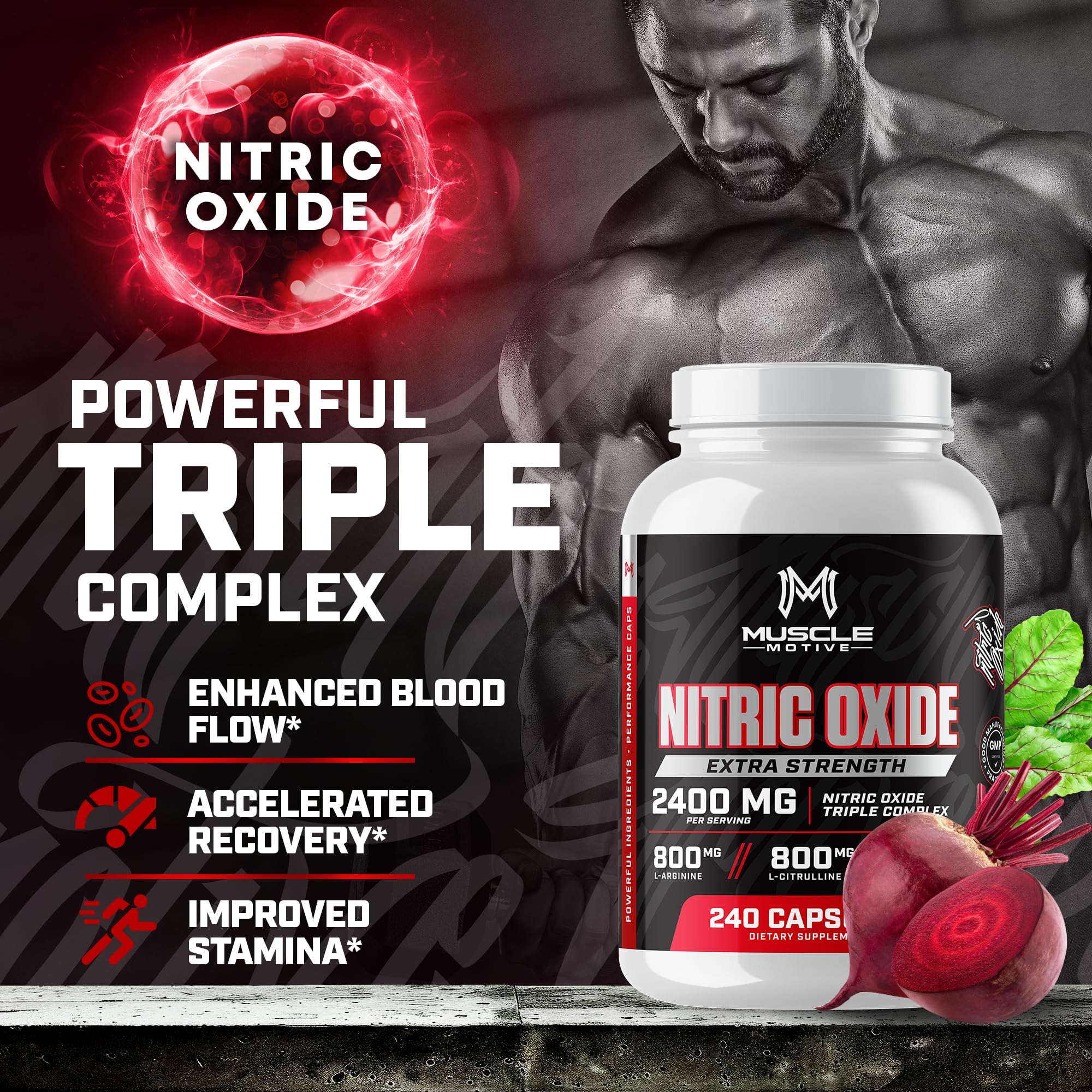 Muscle Motive Nitric Oxide Supplement 2400mg with L-Arginine, L-Citrulline and Beet Root Extract, 240 Capsules