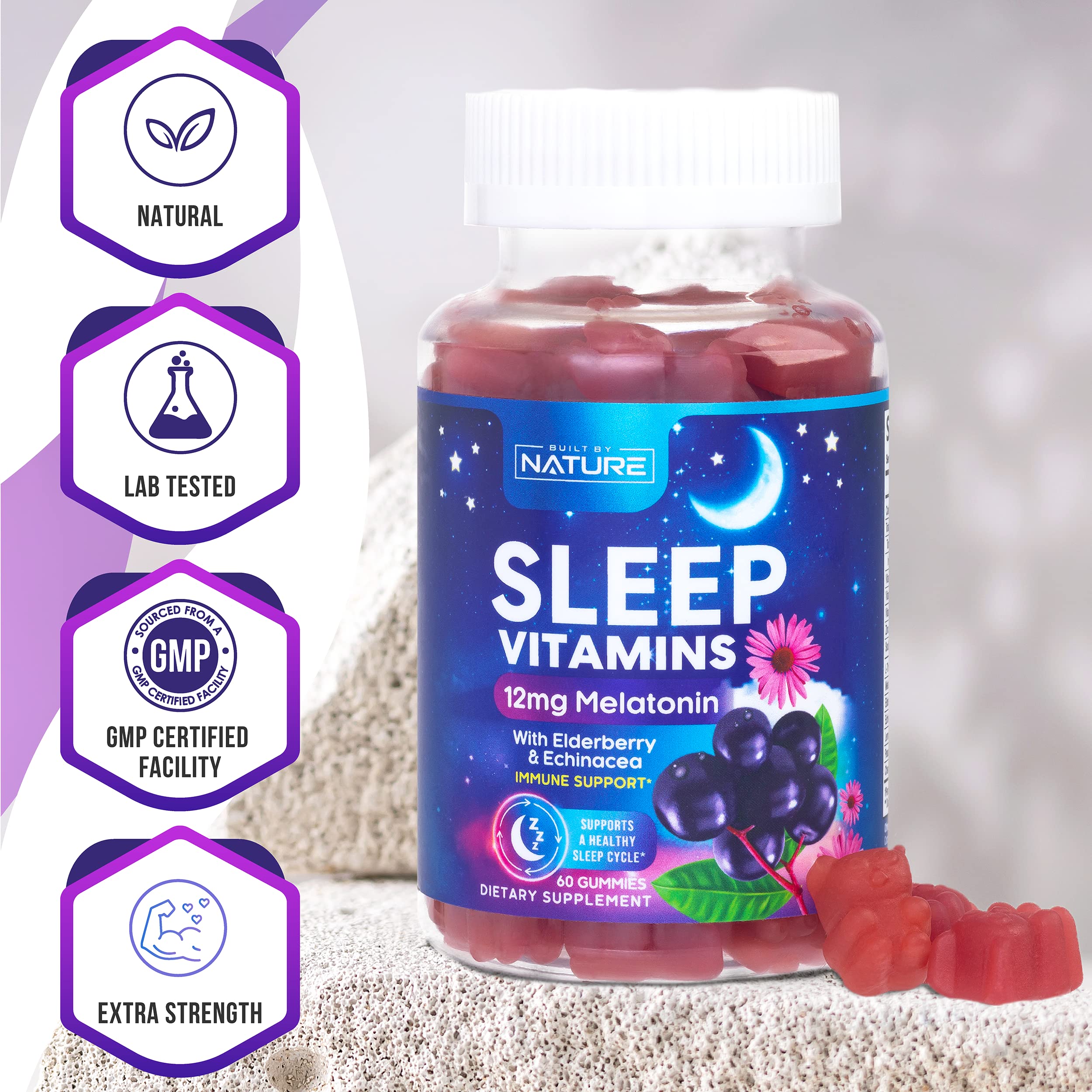 Melatonin Gummies 12mg - Max Strength Sleep Gummy with Elderberry, Zinc, Vitamin D & C for Immune Support - Drug-Free Sleep Aid - Fall Asleep Faster, Stay Asleep Longer - Berry Flavor - 60 Gummies