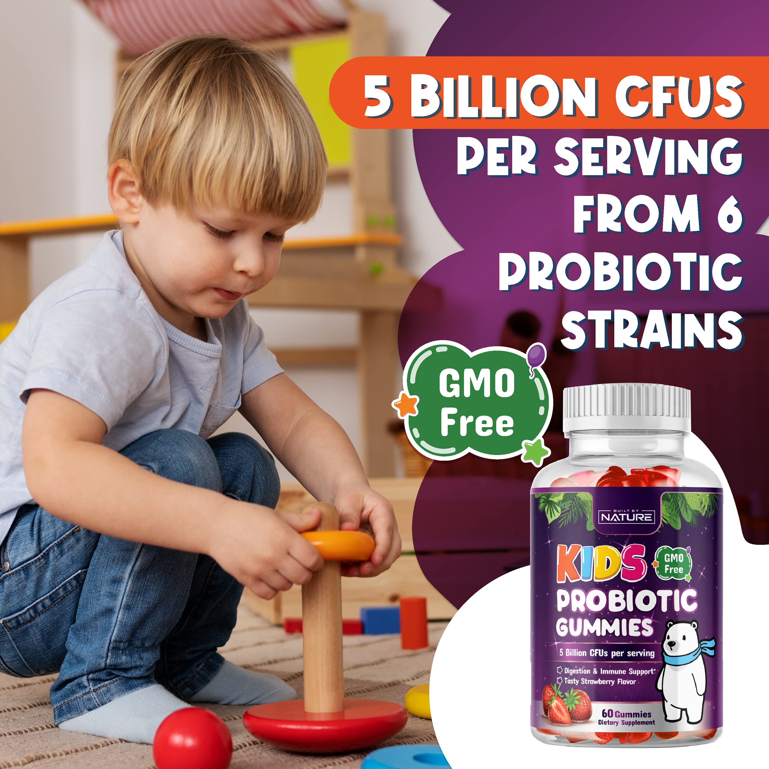 Built by Nature Kids Probiotic Gummies - 6 Diverse Probiotic Strains - Digestive & Immune Support - Chewable Kid Probiotic Gummy Supplement - No Refrigeration Required - 60 Gummies