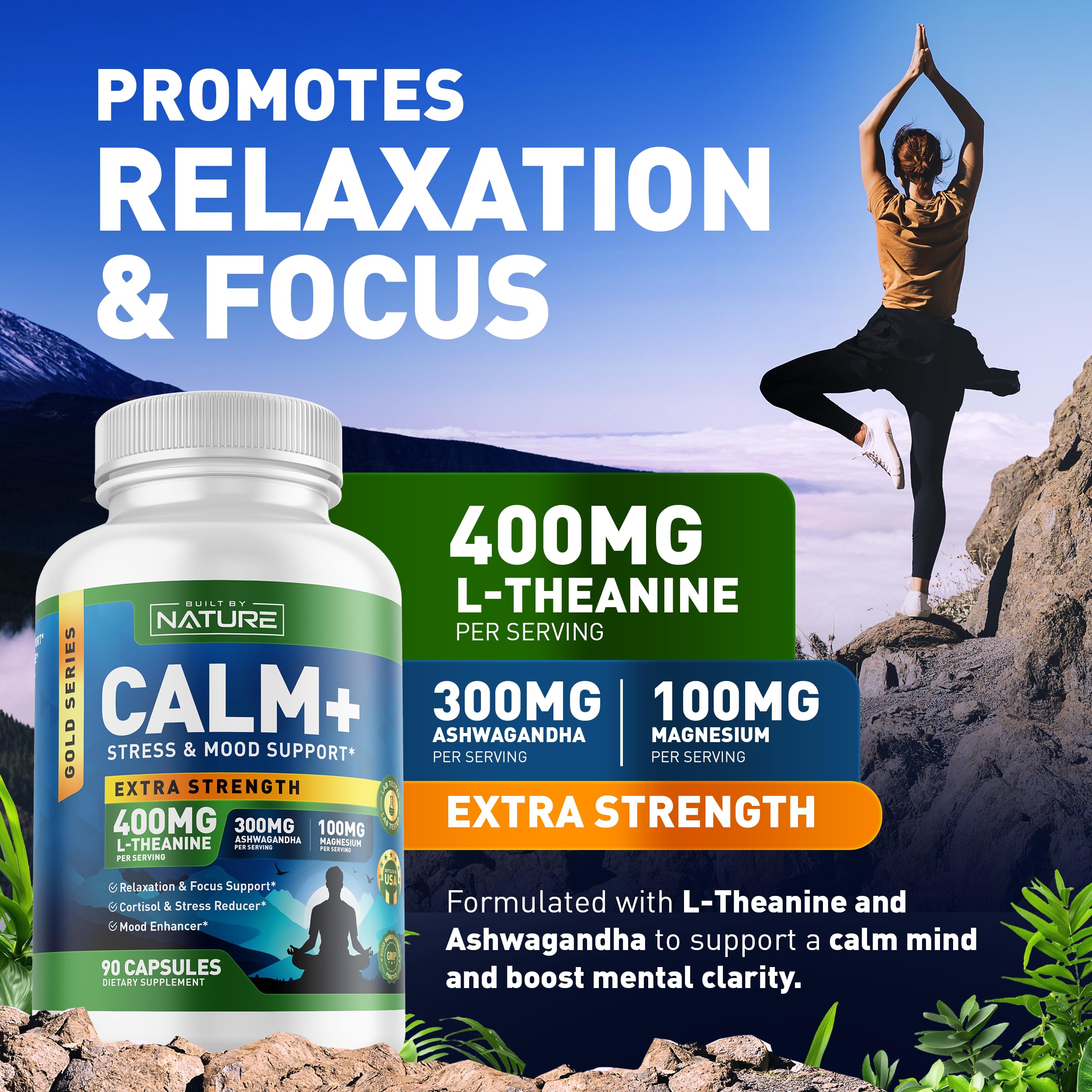 Built by Nature Calm+ Relaxation & Focus – Stress, Cortisol & Mood Support – Calm Supplement with L-Theanine, Ashwagandha, Magnesium Glycinate, Vitamin D3 – 90 Capsules