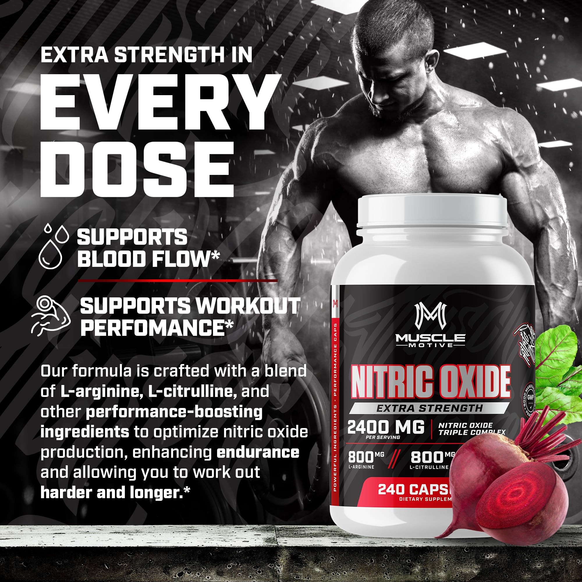 Muscle Motive Nitric Oxide Supplement 2400mg with L-Arginine, L-Citrulline and Beet Root Extract, 240 Capsules