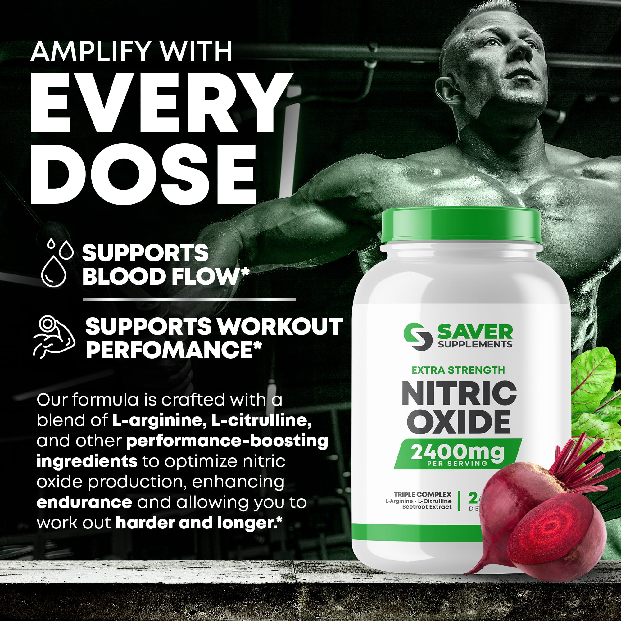 Saver Supplements Nitric Oxide Supplement 2400mg with L-Arginine, L-Citrulline and Beet Root Extract, 240 Capsules