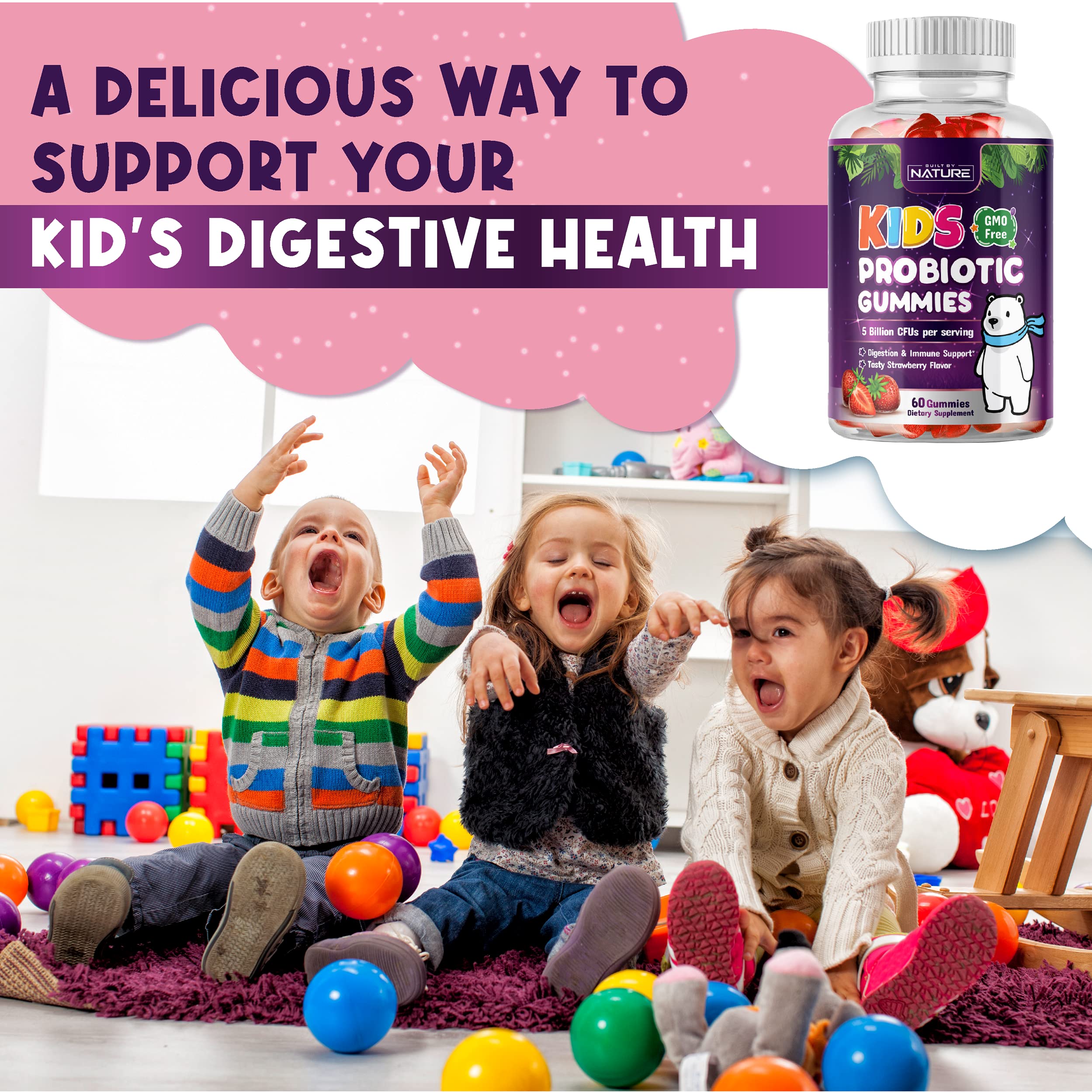 Built by Nature Kids Probiotic Gummies - 6 Diverse Probiotic Strains - Digestive & Immune Support - Chewable Kid Probiotic Gummy Supplement - No Refrigeration Required - 60 Gummies