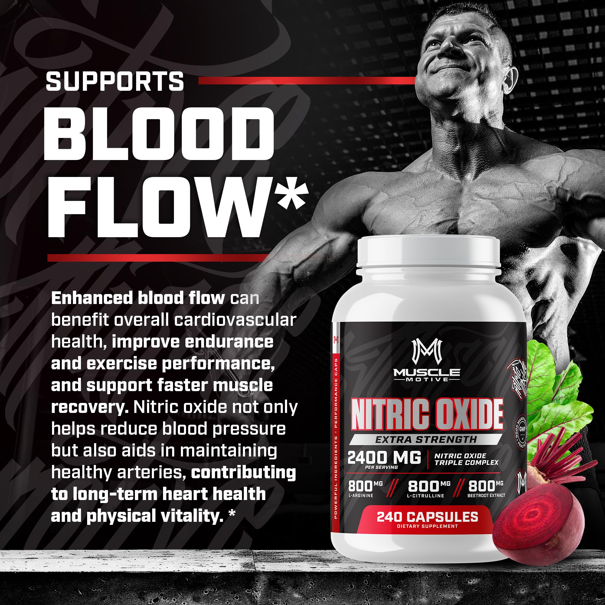 Muscle Motive Nitric Oxide Supplement 2400mg with L-Arginine, L-Citrulline and Beet Root Extract, 240 Capsules