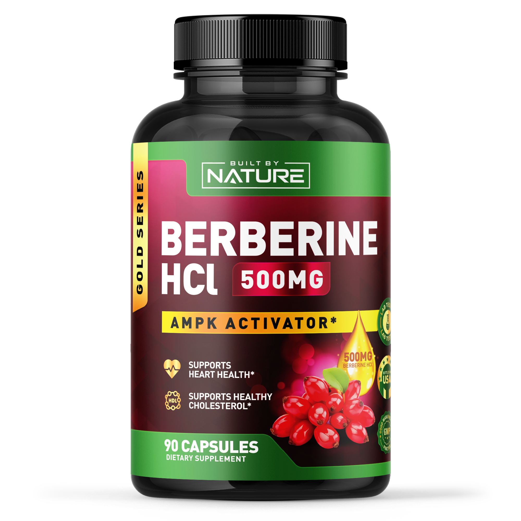 Built by Nature Berberine HCl 500 mg – Extra Strength AMPK Activator for Heart Support – Non-GMO, Vegan, Gluten-Free – 90 Veggie Capsules