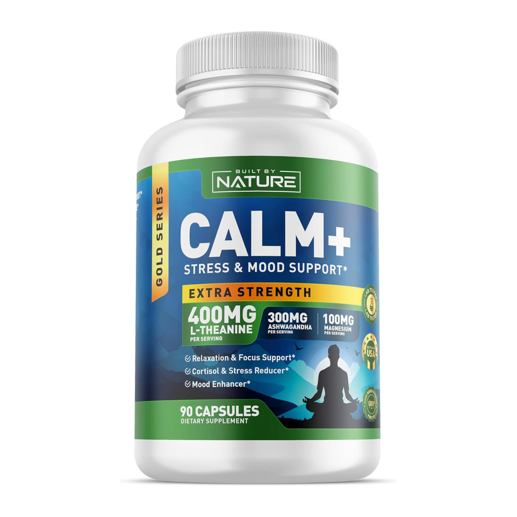 Built by Nature Calm+ Relaxation & Focus – Stress, Cortisol & Mood Support – Calm Supplement with L-Theanine, Ashwagandha, Magnesium Glycinate, Vitamin D3 – 90 Capsules