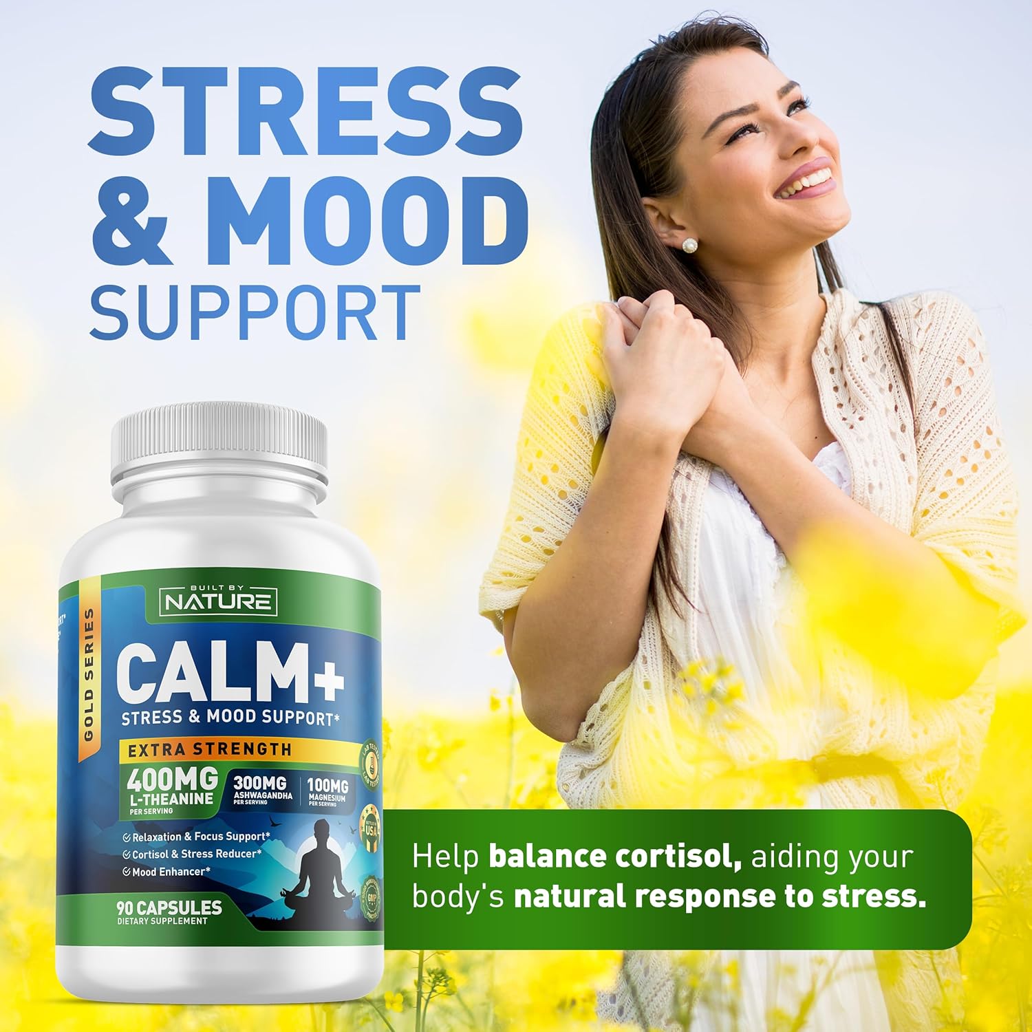 Built by Nature Calm+ Relaxation & Focus – Stress, Cortisol & Mood Support – Calm Supplement with L-Theanine, Ashwagandha, Magnesium Glycinate, Vitamin D3 – 90 Capsules