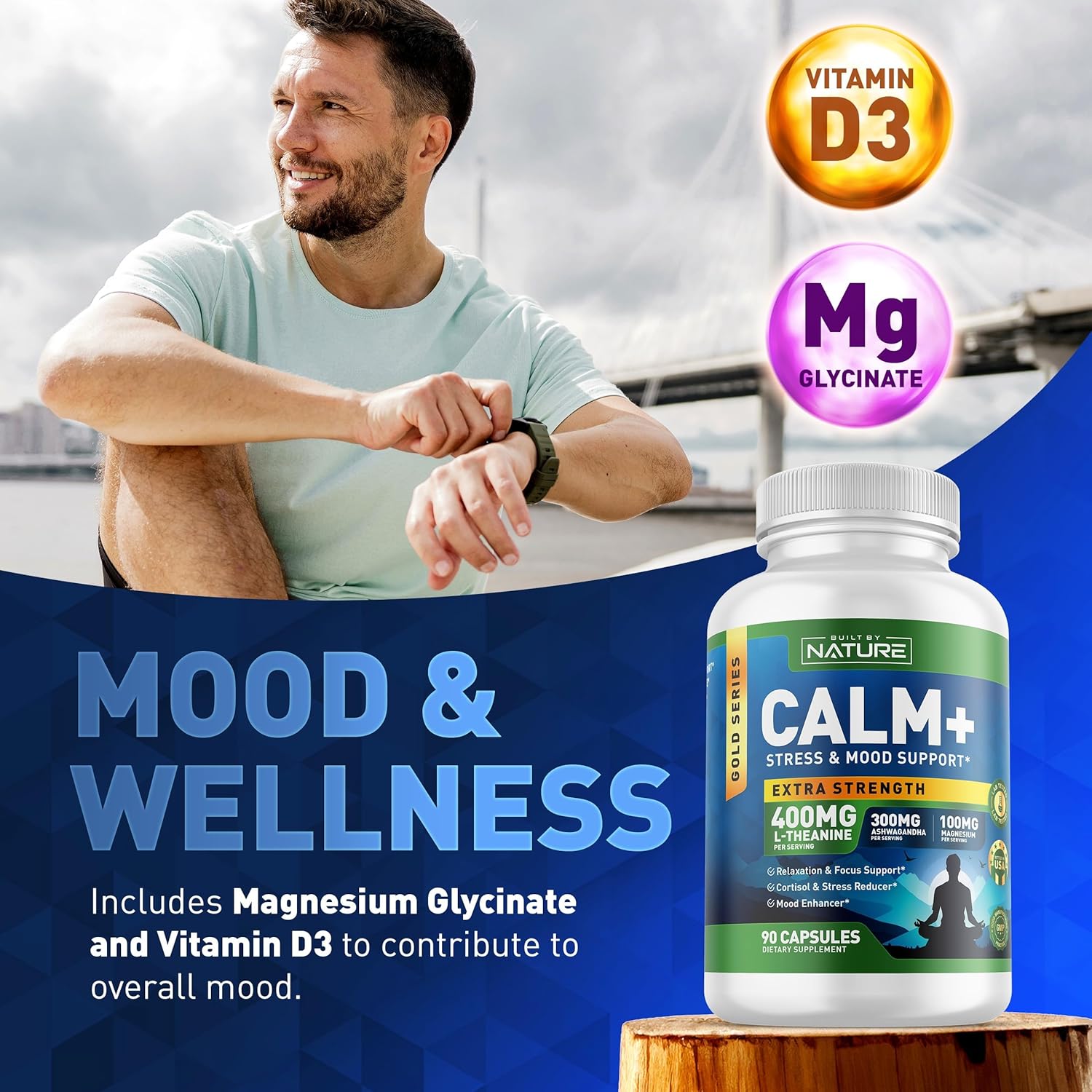 Built by Nature Calm+ Relaxation & Focus – Stress, Cortisol & Mood Support – Calm Supplement with L-Theanine, Ashwagandha, Magnesium Glycinate, Vitamin D3 – 90 Capsules