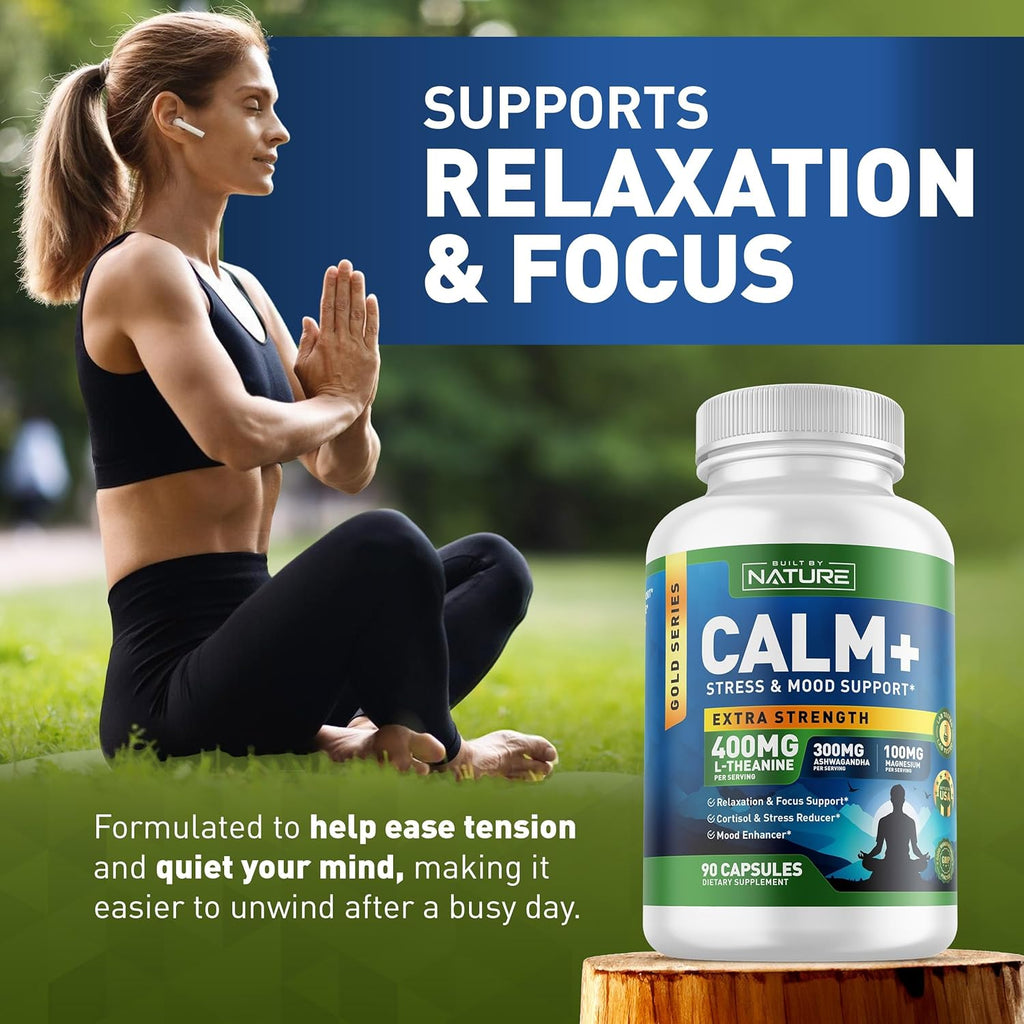 Built by Nature Calm+ Relaxation & Focus – Stress, Cortisol & Mood Support – Calm Supplement with L-Theanine, Ashwagandha, Magnesium Glycinate, Vitamin D3 – 90 Capsules