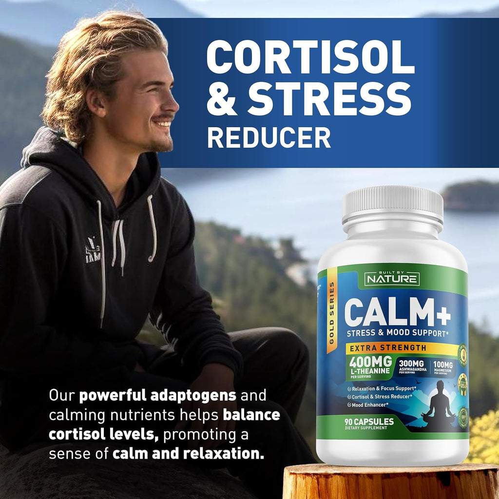Built by Nature Calm+ Relaxation & Focus – Stress, Cortisol & Mood Support – Calm Supplement with L-Theanine, Ashwagandha, Magnesium Glycinate, Vitamin D3 – 90 Capsules