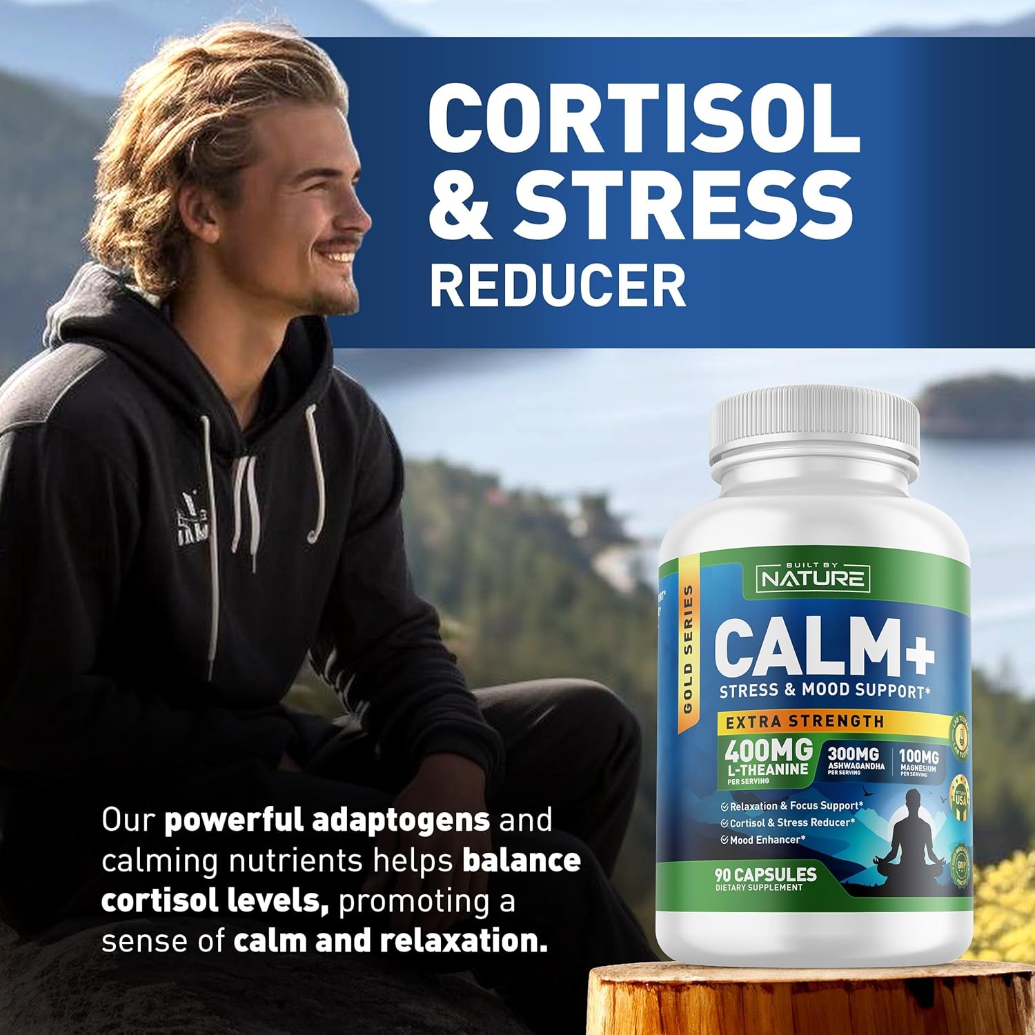 Built by Nature Calm+ Relaxation & Focus – Stress, Cortisol & Mood Support – Calm Supplement with L-Theanine, Ashwagandha, Magnesium Glycinate, Vitamin D3 – 90 Capsules