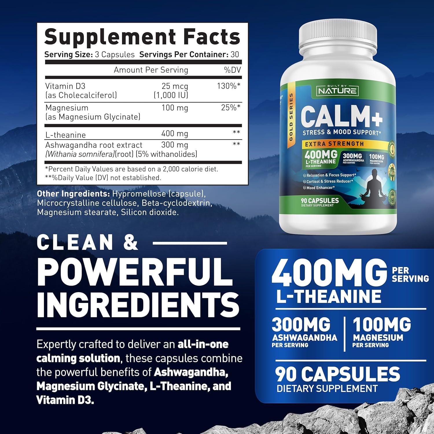 Built by Nature Calm+ Relaxation & Focus – Stress, Cortisol & Mood Support – Calm Supplement with L-Theanine, Ashwagandha, Magnesium Glycinate, Vitamin D3 – 90 Capsules