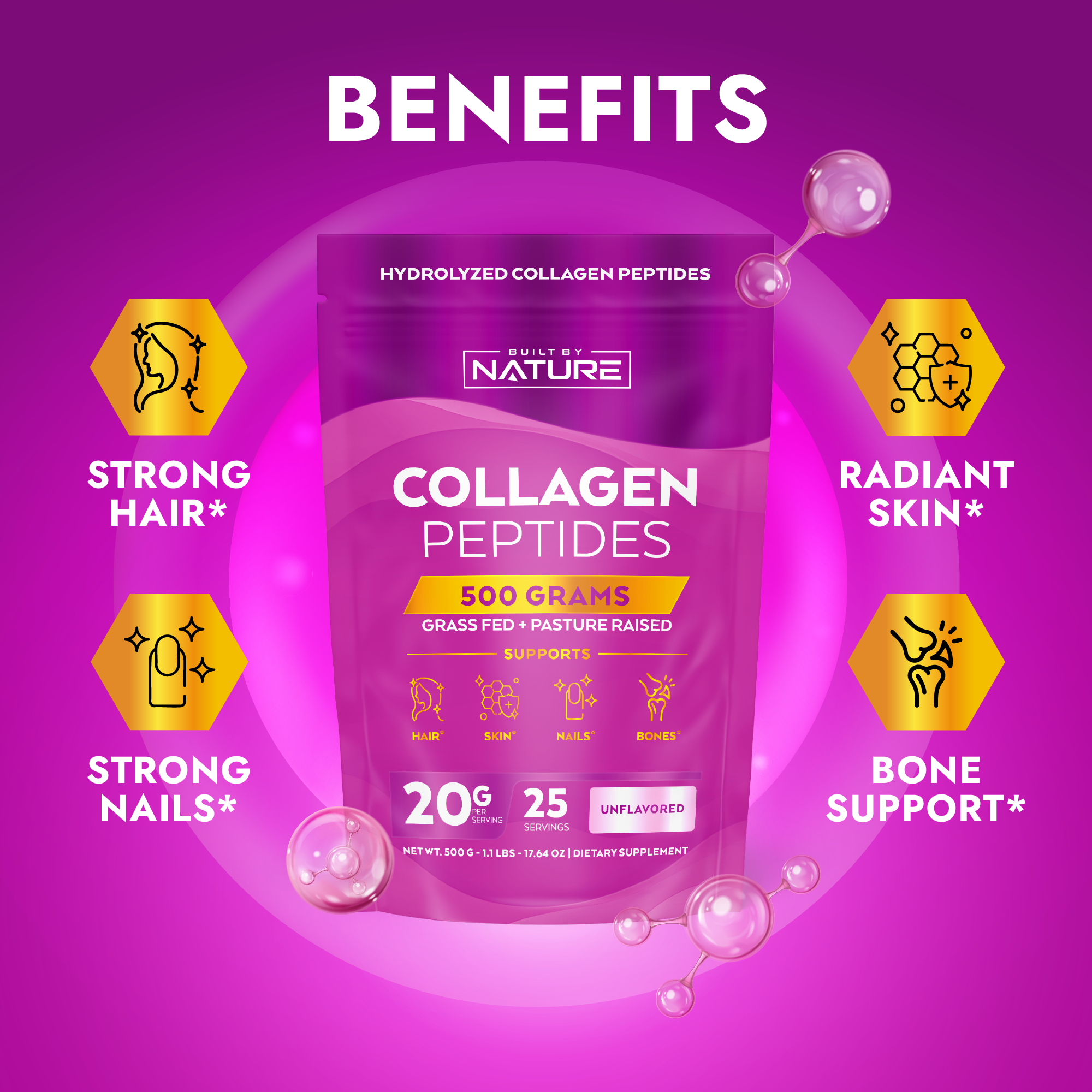 Collagen Peptides Powder - Hydrolyzed Collagen Protein for Women - Platinum Grade with No Odor or Taste, Easy Mixing - Grass Fed, Non-GMO - Hair, Skin, Nails Supplement - Unflavored, 500 Grams