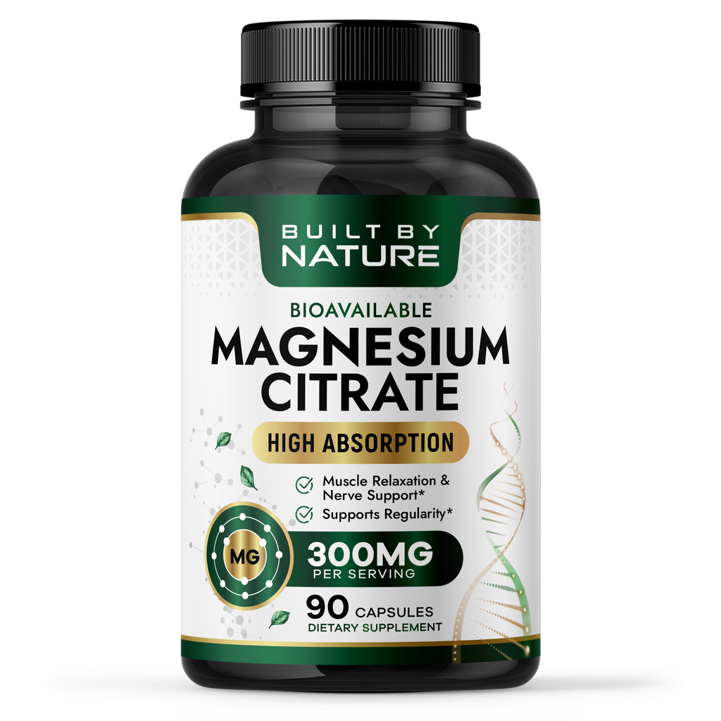 Built By Nature Magnesium Citrate 300mg – High Absorption Magnesium Supplement – Citrato de Magnesio Capsules for Constipation Relief, Heart & Muscle Support – 90 Capsules