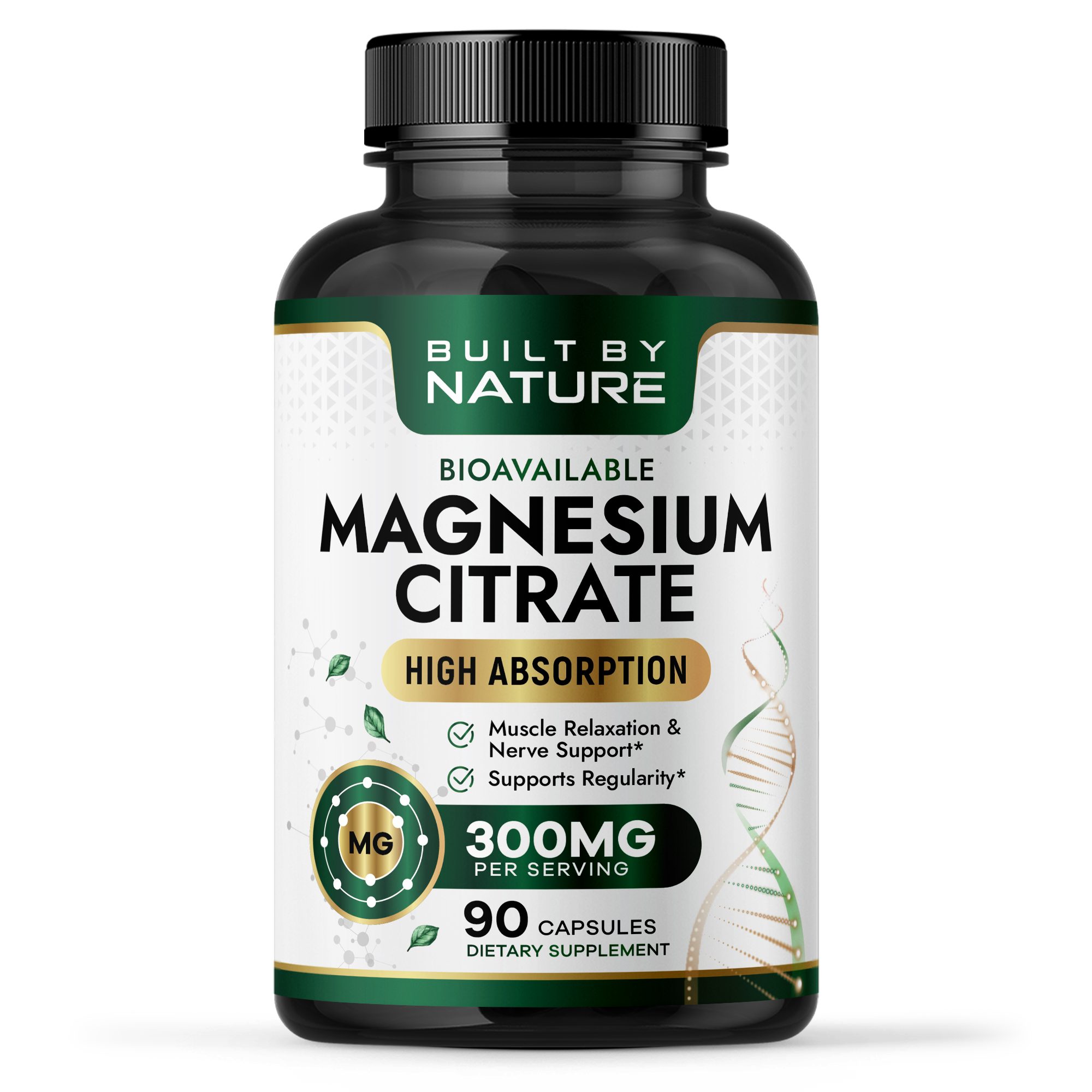Built By Nature Magnesium Citrate 300mg – High Absorption Magnesium Supplement – Citrato de Magnesio Capsules for Constipation Relief, Heart & Muscle Support – 90 Capsules