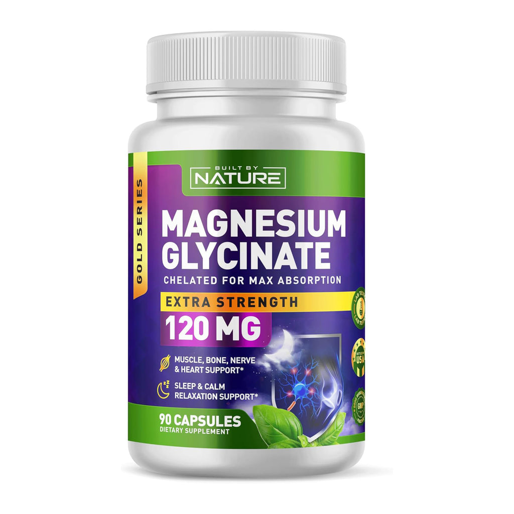 Built By Nature Magnesium Glycinate - Chelated for High Absorption – Supplement to Support Sleep, Muscle, Heart & Nerve Health - 120 mg Magnesium per Serving/Capsule - 90 Capsules