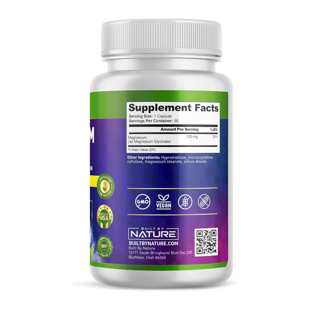 Built By Nature Magnesium Glycinate - Chelated for High Absorption – Supplement to Support Sleep, Muscle, Heart & Nerve Health - 120 mg Magnesium per Serving/Capsule - 90 Capsules