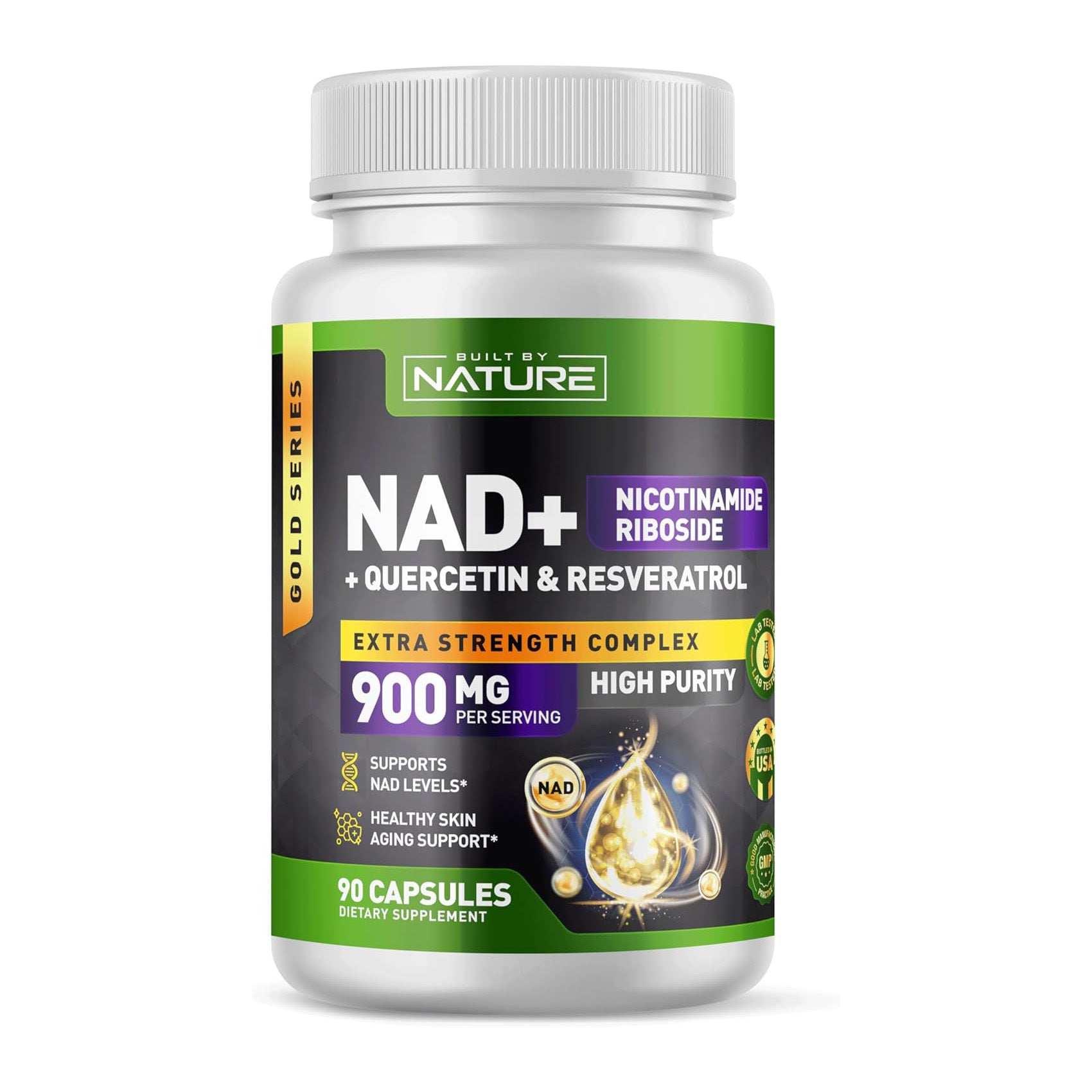 Built by Nature NAD Supplement – NAD+ Nicotinamide Riboside with Resveratrol & Quercetin 900mg Formula – NMN Alternative Supplement for Energy, Cellular Health & Anti-Aging – 90 Capsules