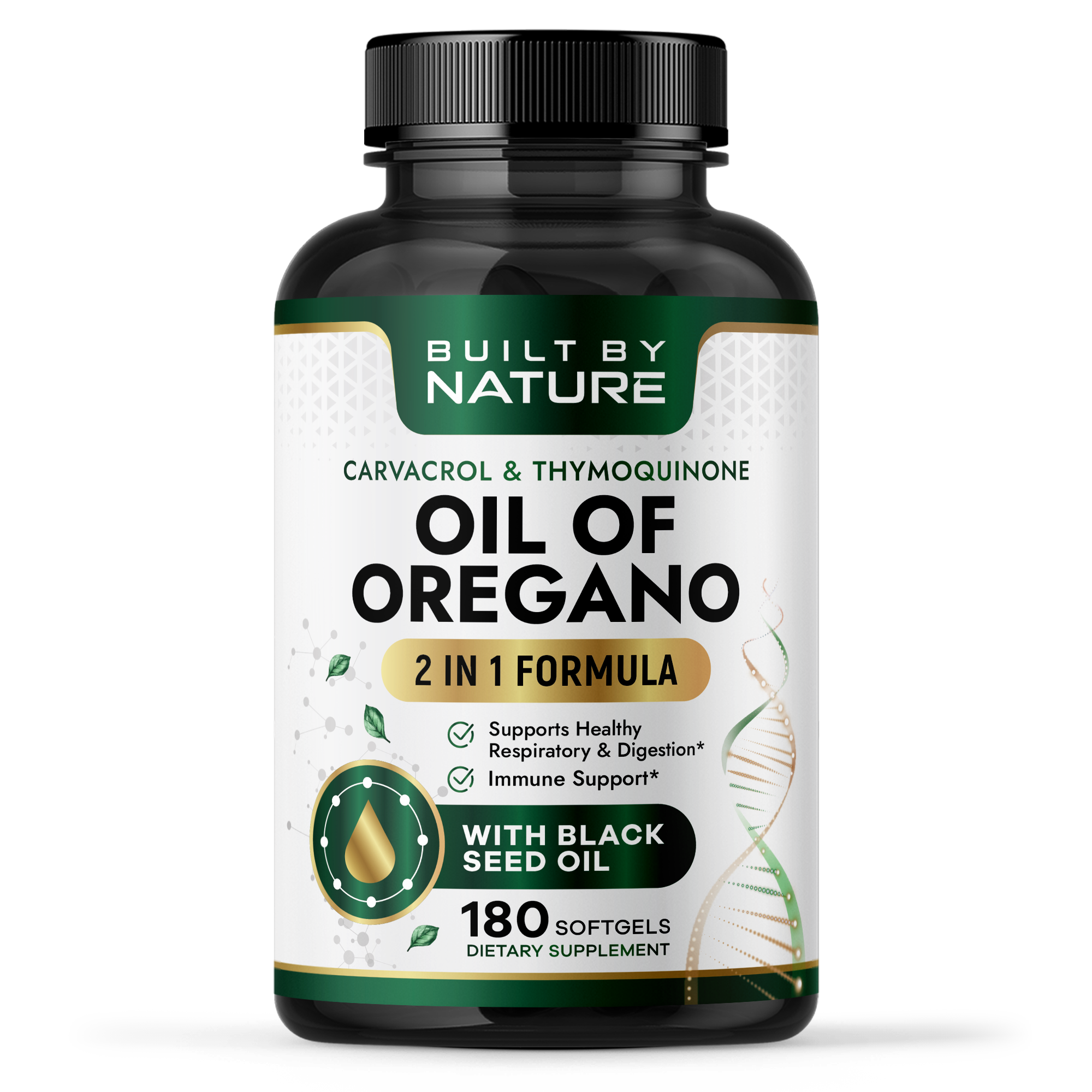 Built by Nature Oil of Oregano with Black Seed Oil – Oregano Oil Capsules – Immune Support Supplement – High Carvacrol & Thymoquinone Antioxidants – 180 Softgels