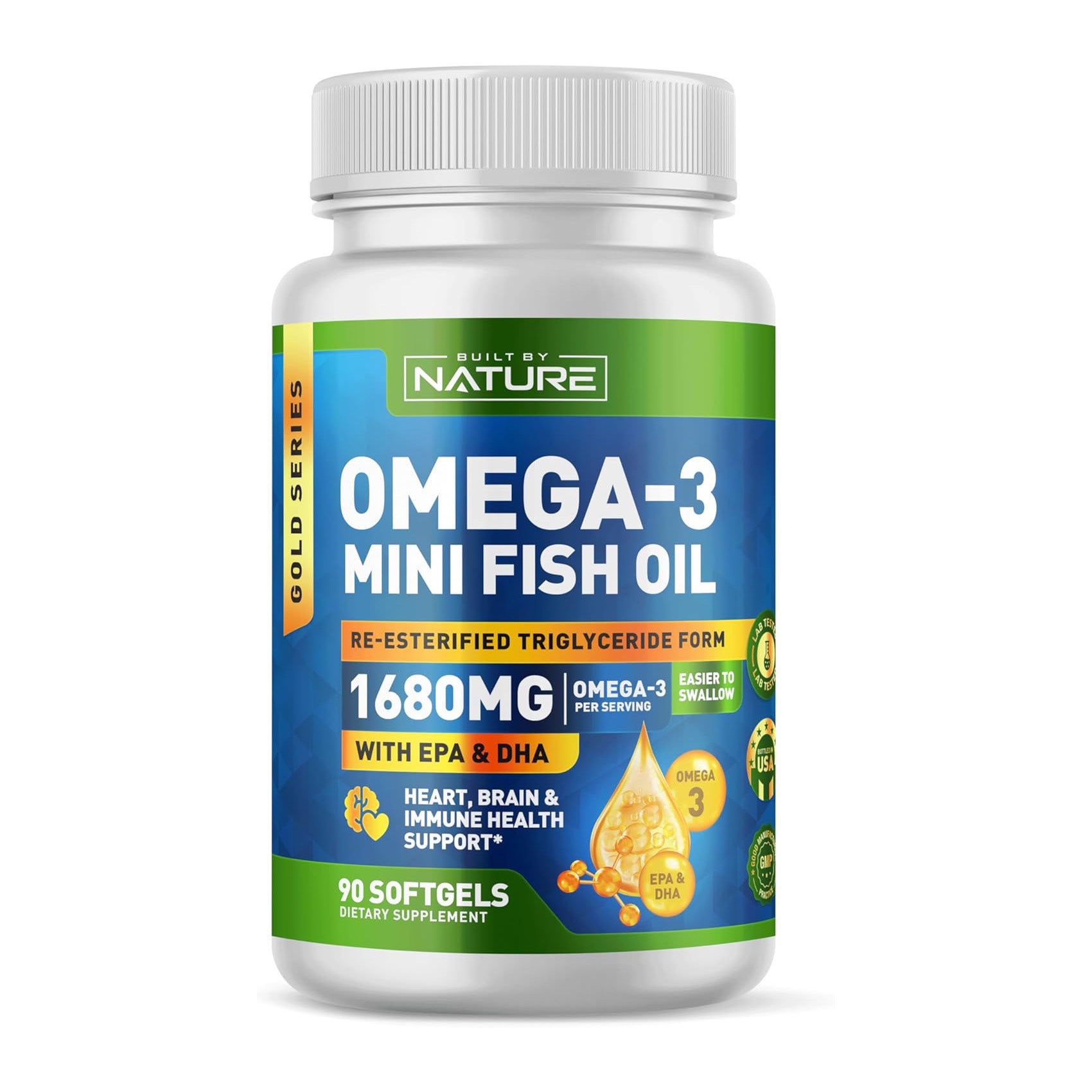 Built by Nature Omega 3 Mini Fish Oil – Re-esterified Triglyceride Form (rTG) – High Omega-3 1680mg, EPA and DHA - Small & Easier to Swallow – 90 Softgels