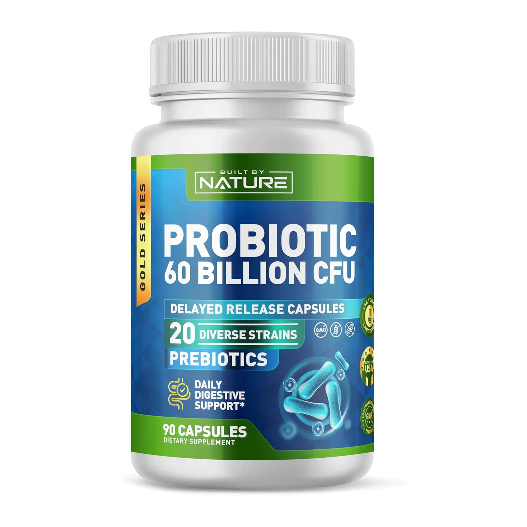 Built by Nature Probiotic 60 Billion CFU – 20 Strains + Prebiotics – Immune & Digestive Support – for Women & Men – Delayed Release Capsules, Shelf Stable – 3 Month Supply - 90 Capsules