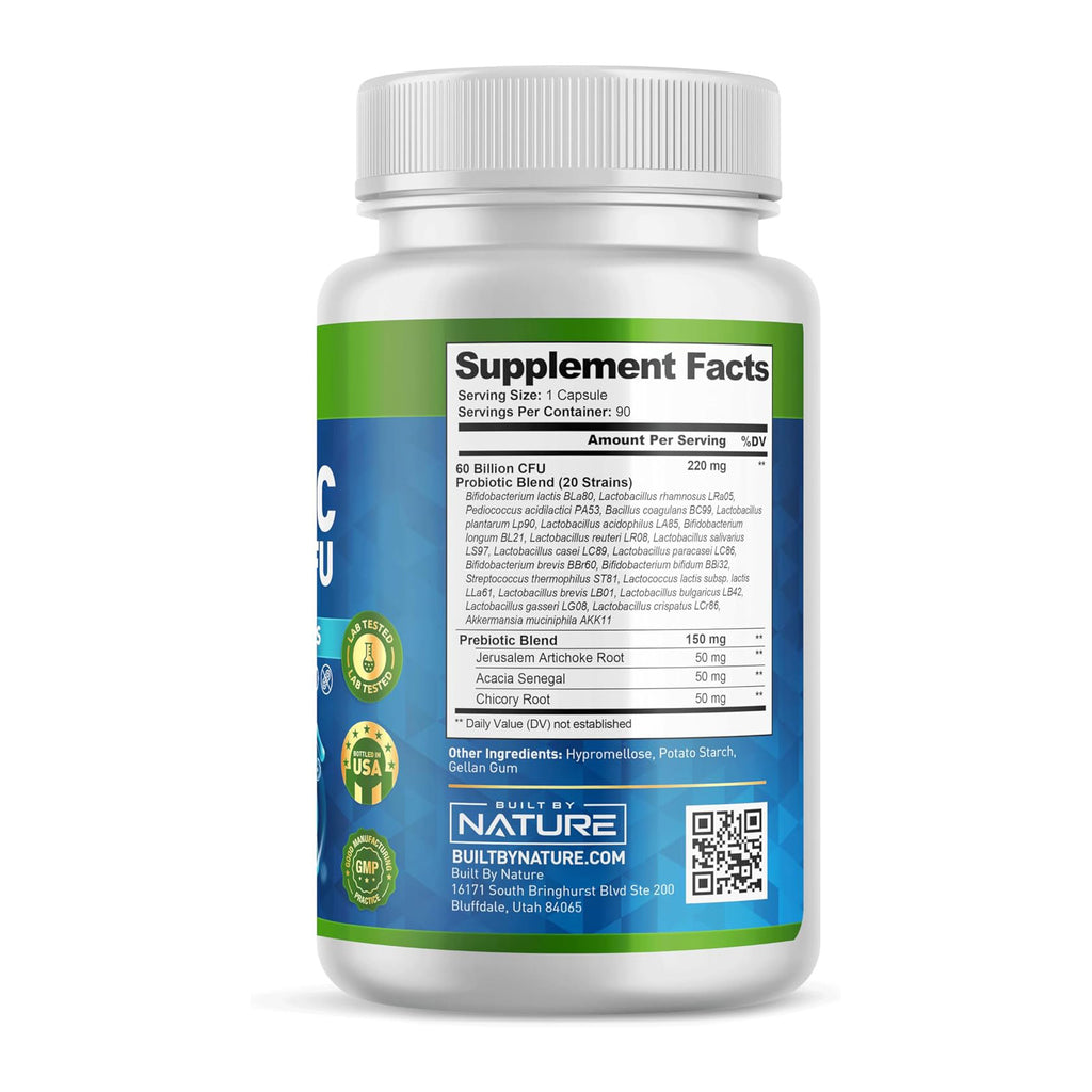 Built by Nature Probiotic 60 Billion CFU – 20 Strains + Prebiotics – Immune & Digestive Support – for Women & Men – Delayed Release Capsules, Shelf Stable – 3 Month Supply - 90 Capsules