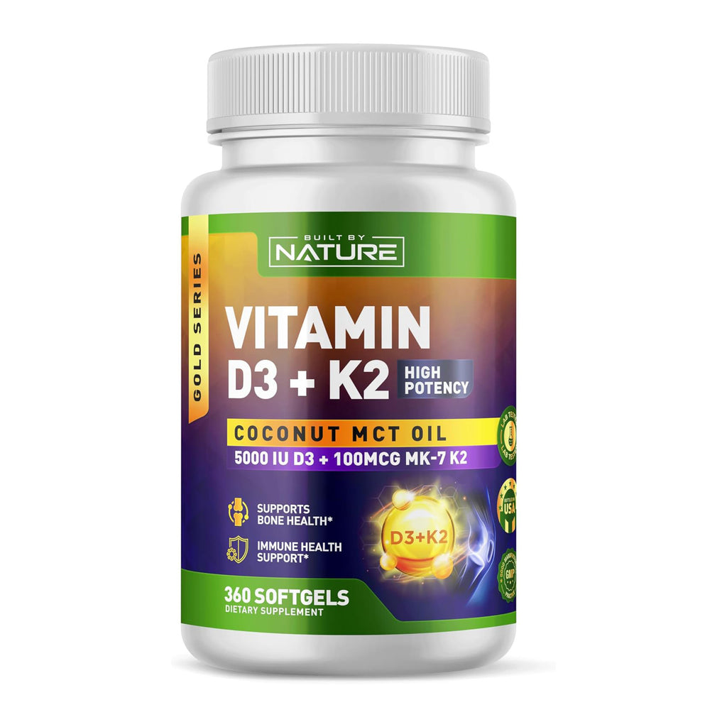 Built by Nature Vitamin D3 K2 5000 IU + 100 mcg MK-7 - Extra Strength, High Absorption - Bone, Heart & Immune Support - Coconut MCT Oil - Non-GMO – 1 Year Supply - 360 Softgels