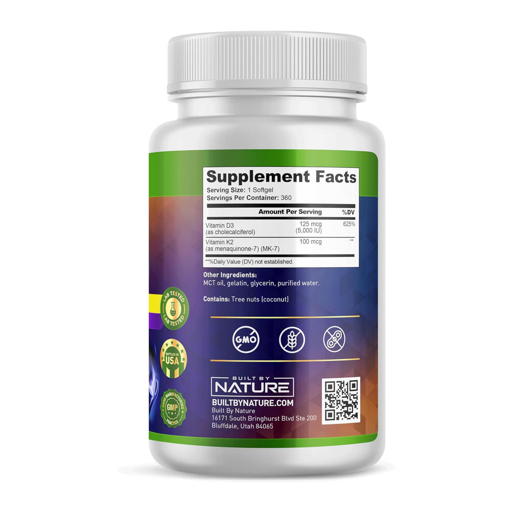 Built by Nature Vitamin D3 K2 5000 IU + 100 mcg MK-7 - Extra Strength, High Absorption - Bone, Heart & Immune Support - Coconut MCT Oil - Non-GMO – 1 Year Supply - 360 Softgels