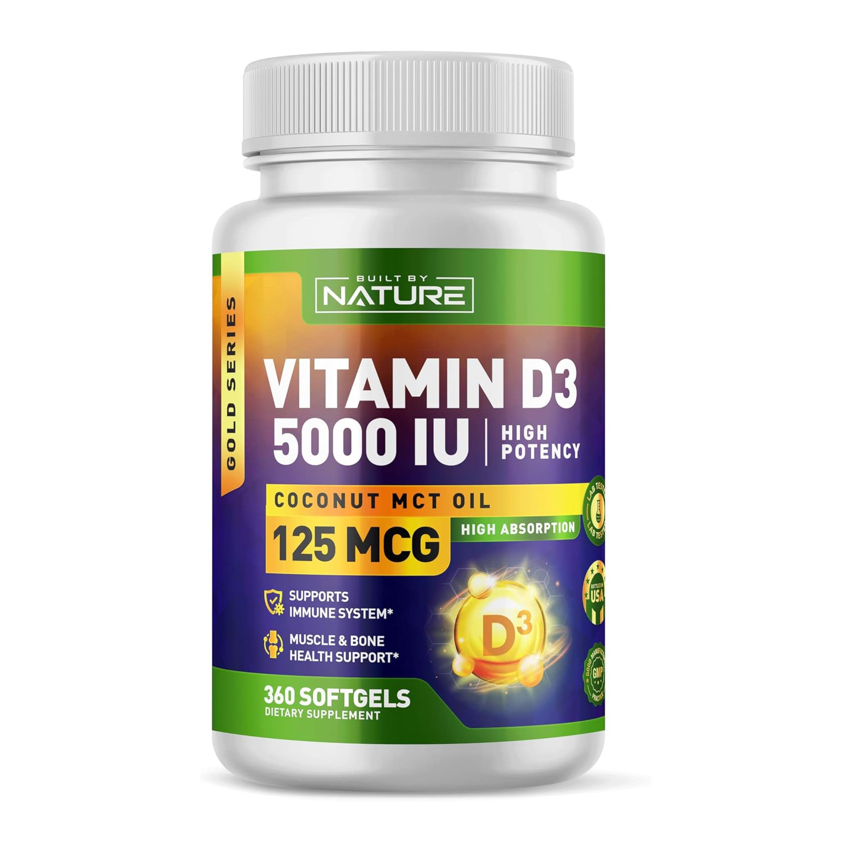 Built by Nature Vitamin D Supplement - Vitamin D3 5000 IU with Coconut MCT Oil – Easy to Swallow VIT D Mini Soft Gels - 1 Year Supply – 360 Softgels