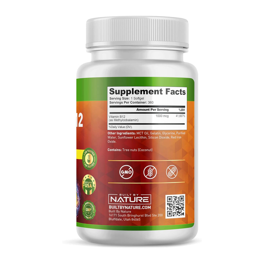 Built by Nature Vitamin B12 1000 mcg Methylcobalamin - Extra Strength Fast Dissolve Soft Gels for Energy Metabolism & Nervous System Health - Non GMO -1 Year Supply - 360 Softgels