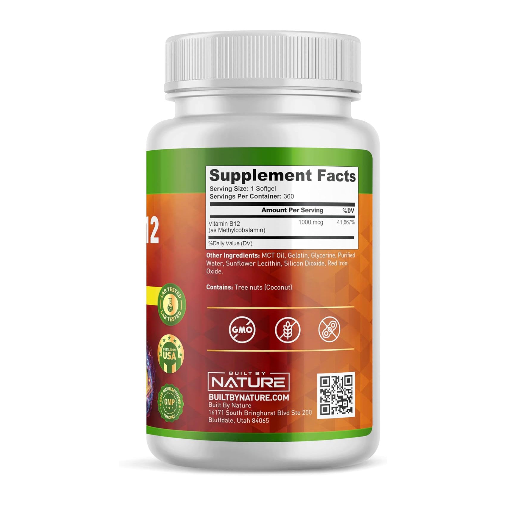 Built by Nature Vitamin B12 1000 mcg Methylcobalamin - Extra Strength Fast Dissolve Soft Gels for Energy Metabolism & Nervous System Health - Non GMO -1 Year Supply - 360 Softgels