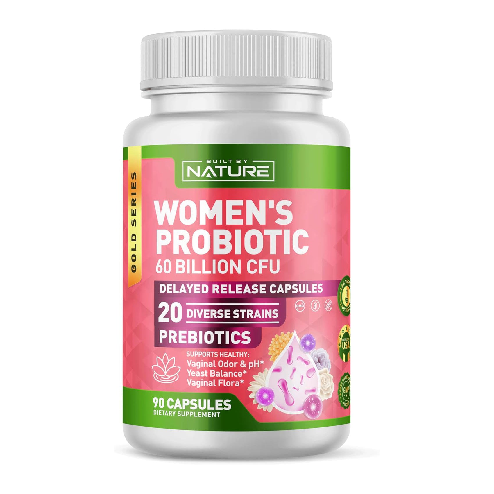 Built by Nature Probiotic for Women 60 Billion CFU – 20 Strains + Prebiotics – Vaginal & Digestive Support – Delayed Release Capsules, Shelf Stable – 3 Month Supply - 90 Capsules