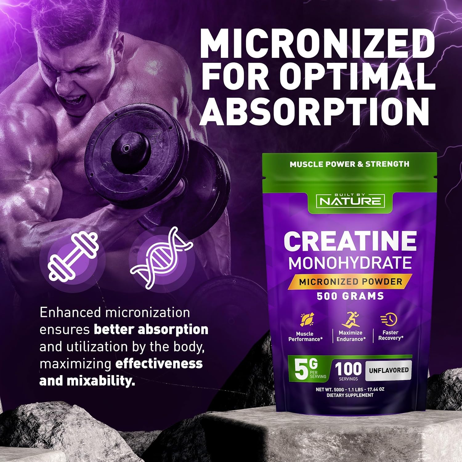 Creatine Monohydrate Powder – Micronized Creatine for Men & Women – Pure Monohydrate Creatina Suplemento – Muscle Strength, Performance & Recovery – 100 Servings, 500 Grams, Unflavored