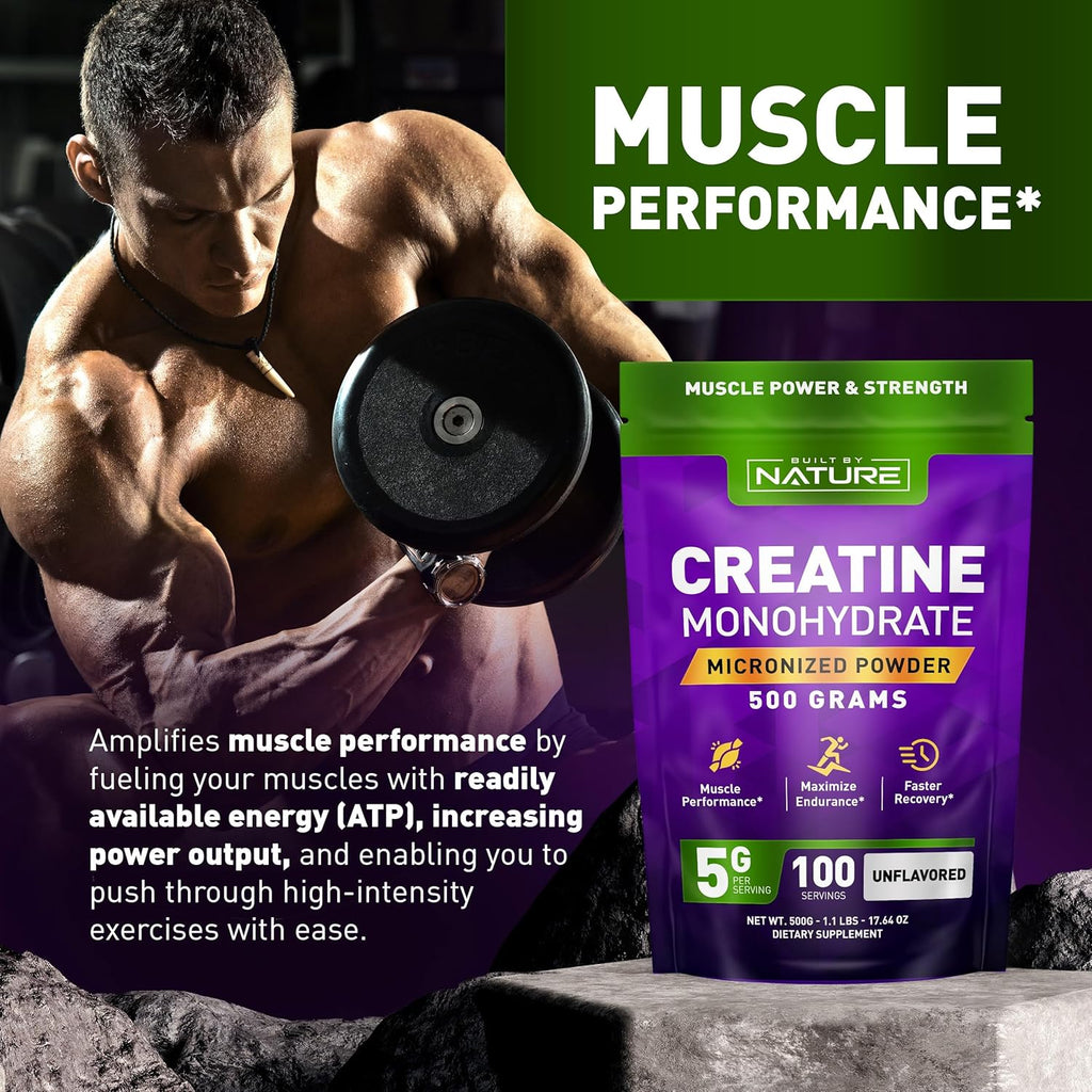 Creatine Monohydrate Powder – Micronized Creatine for Men & Women – Pure Monohydrate Creatina Suplemento – Muscle Strength, Performance & Recovery – 100 Servings, 500 Grams, Unflavored