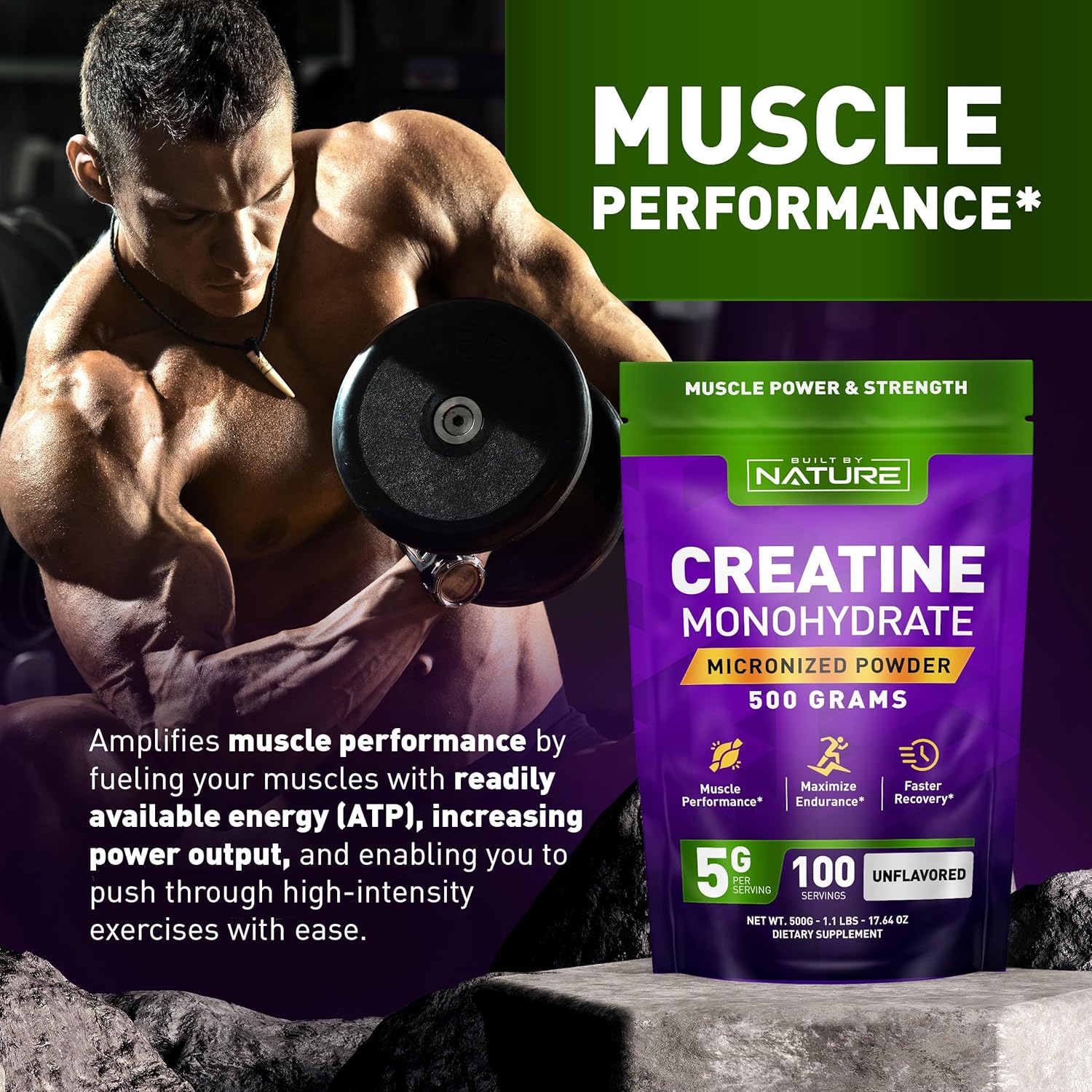 Creatine Monohydrate Powder – Micronized Creatine for Men & Women – Pure Monohydrate Creatina Suplemento – Muscle Strength, Performance & Recovery – 100 Servings, 500 Grams, Unflavored