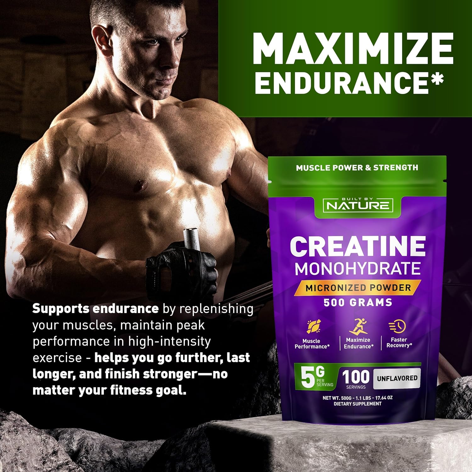 Creatine Monohydrate Powder – Micronized Creatine for Men & Women – Pure Monohydrate Creatina Suplemento – Muscle Strength, Performance & Recovery – 100 Servings, 500 Grams, Unflavored