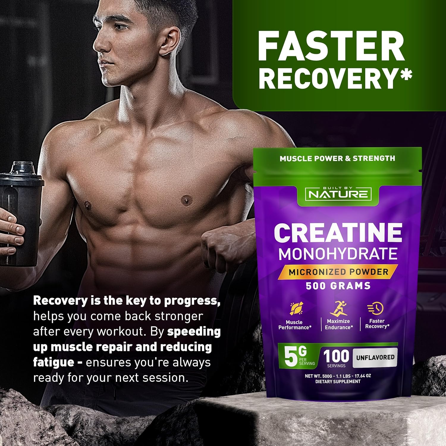 Creatine Monohydrate Powder – Micronized Creatine for Men & Women – Pure Monohydrate Creatina Suplemento – Muscle Strength, Performance & Recovery – 100 Servings, 500 Grams, Unflavored